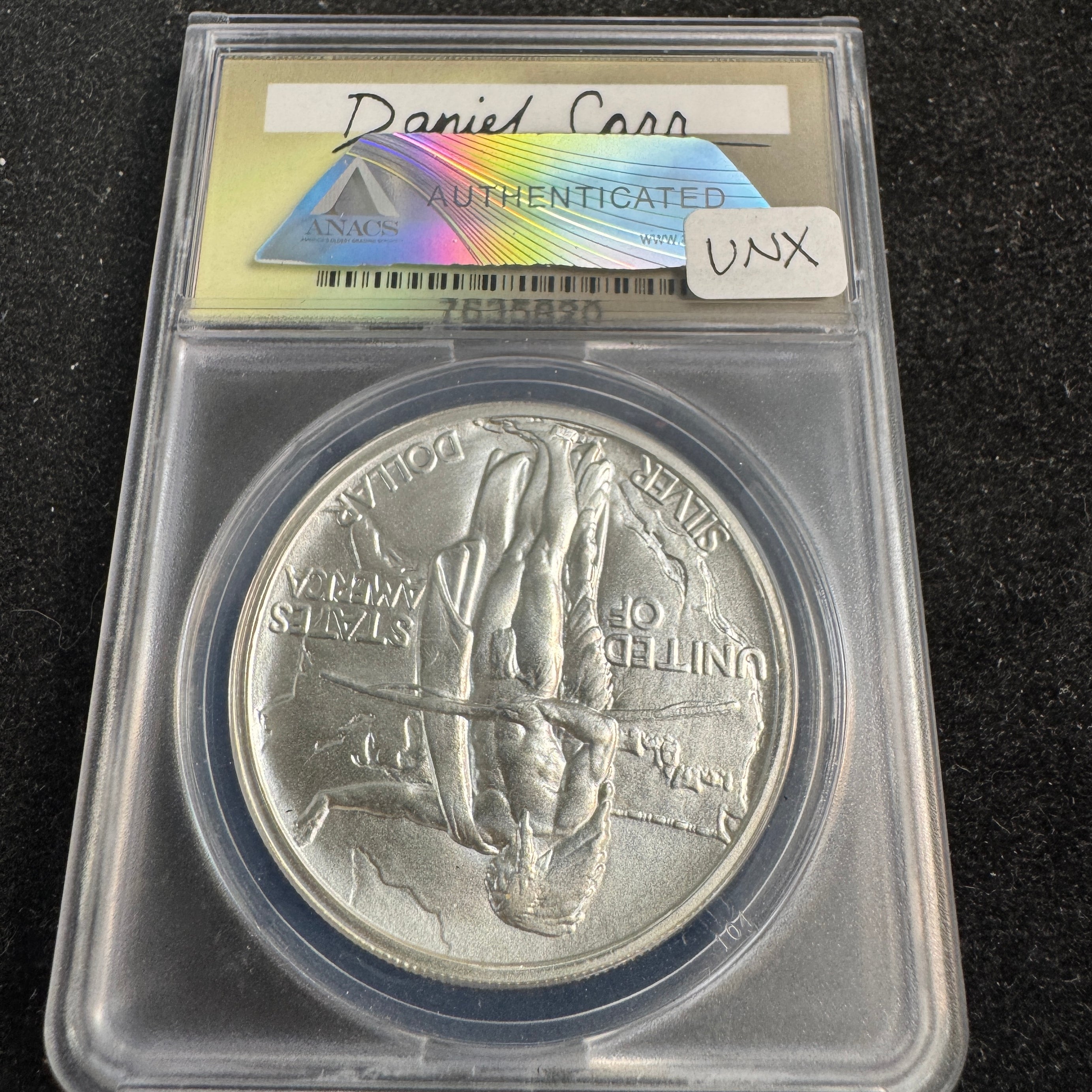 “1848” Daniel Carr Oregon Trail O/S on 1oz US Silver Eagle Host, ANACS MS-69