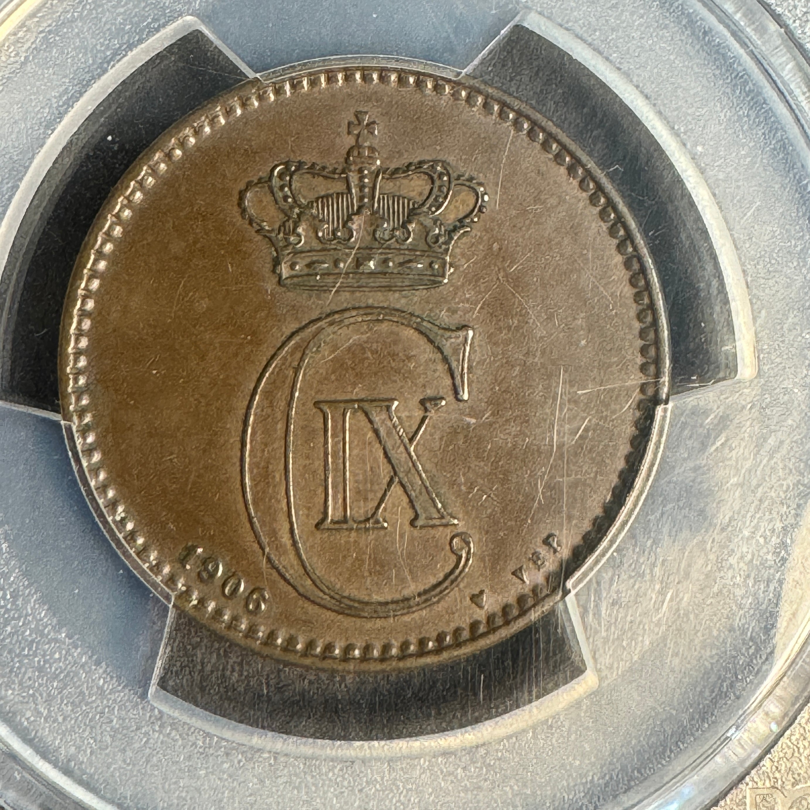 1906 VDP Denmark 5 Ore, Christian IX, PCGS AU-58 🇩🇰