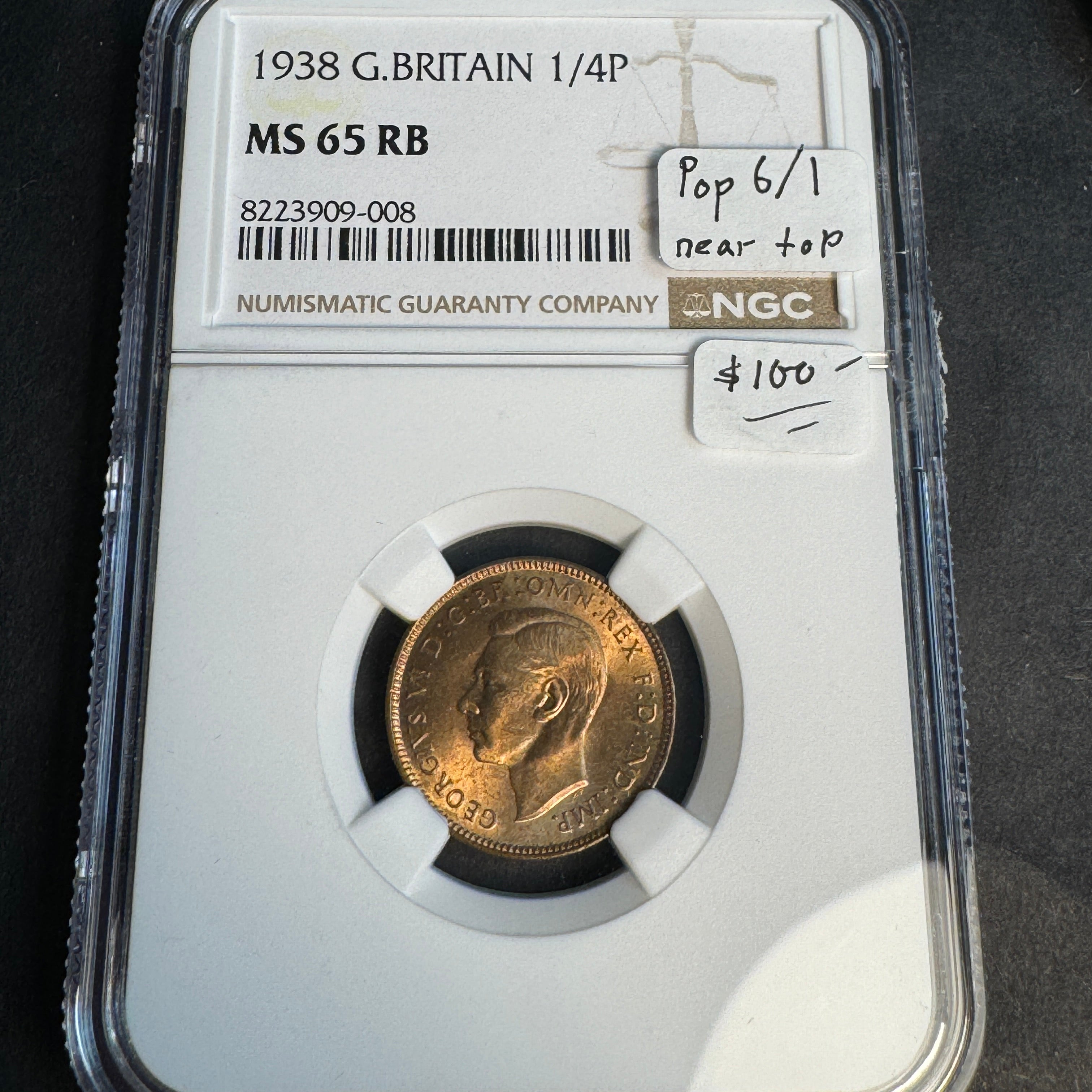 1938 Great Britain Farthing, KGVI, NGC MS-65 RB, Pop 6/1 🇬🇧