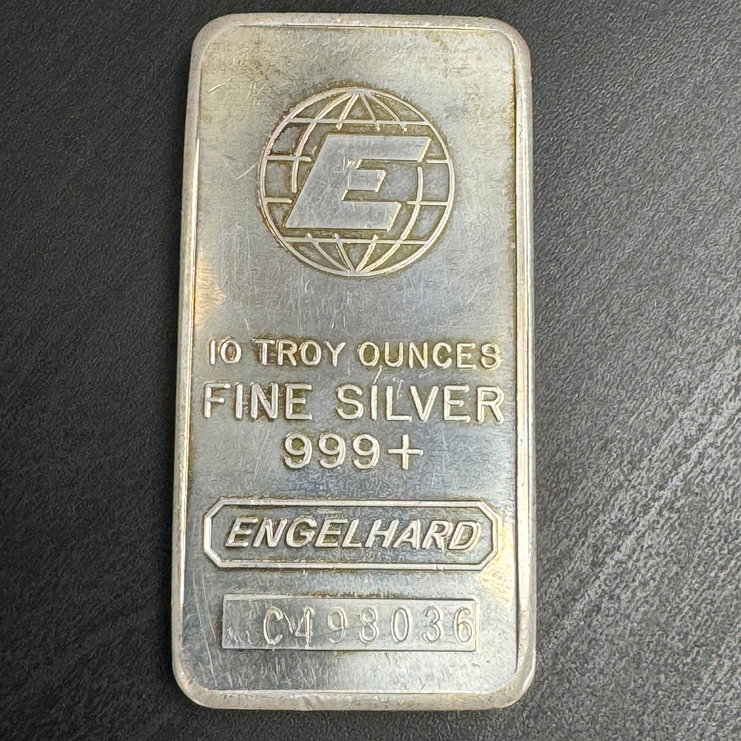 Engelhard C-Series Pressed Bar, Logo Pebble Back, 10oz 999 silver ingot