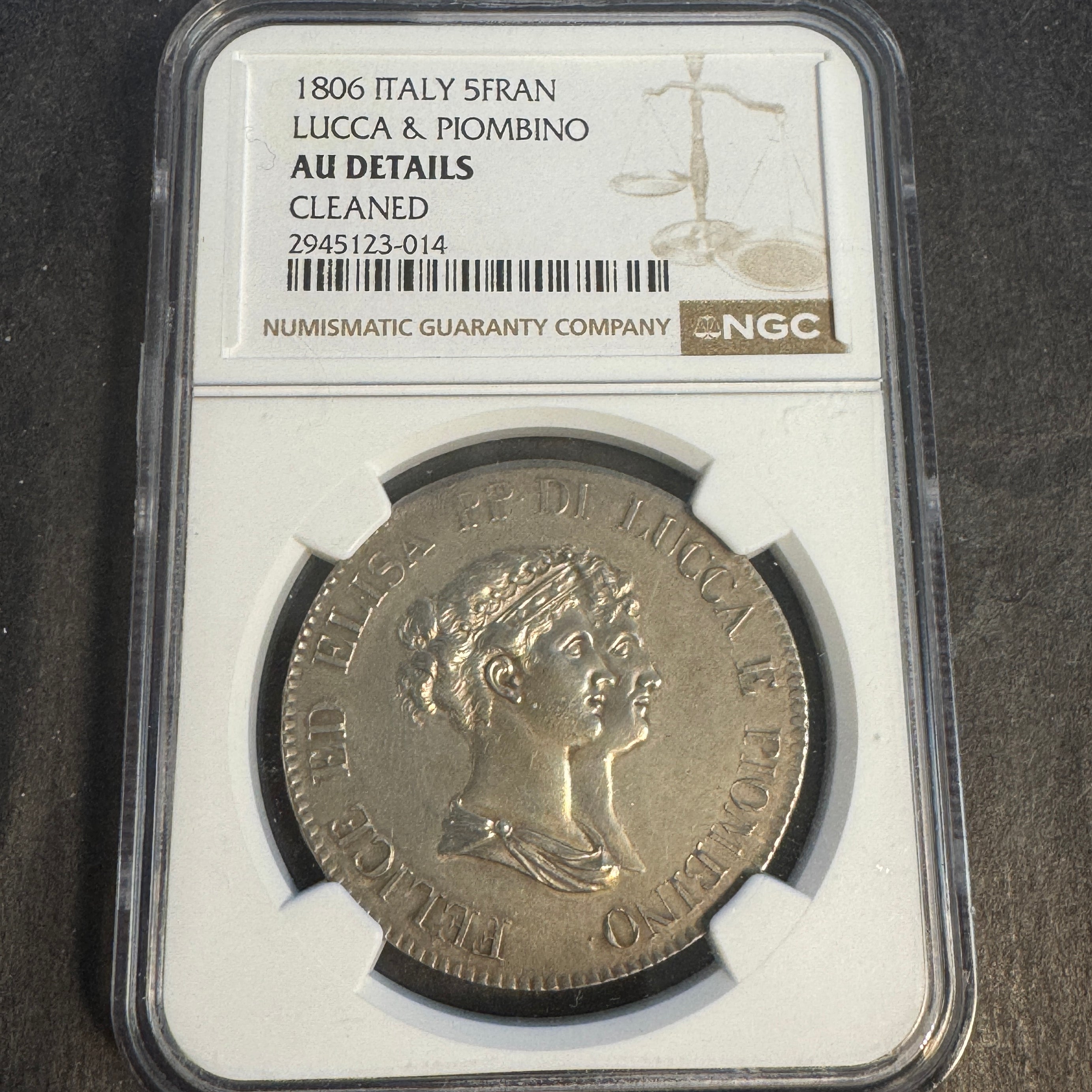 1806 Luca & Piombino, AR 5 Franchi, Elisa Bonaparte, Napoleonic Italy, NGC AU Details