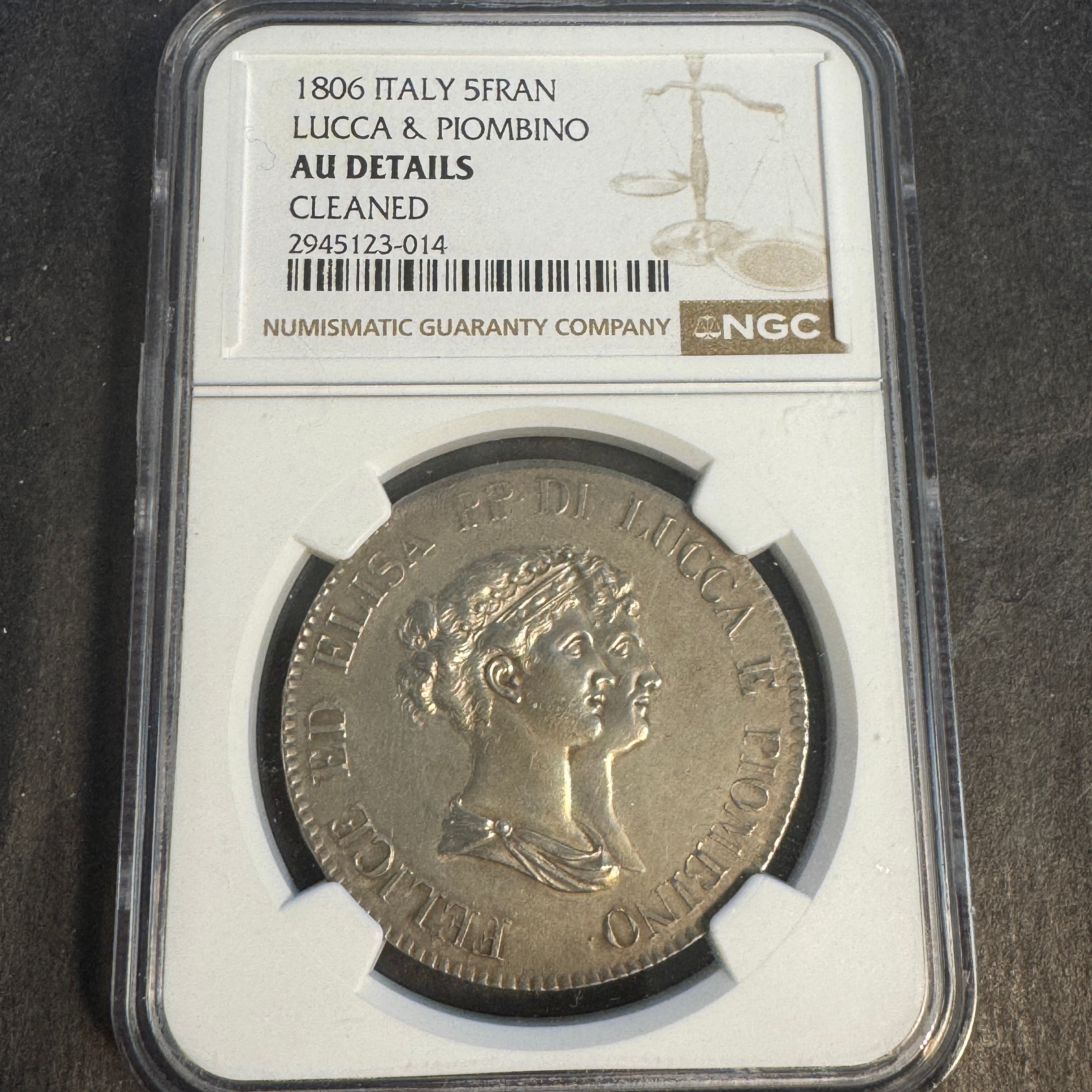 1806 Luca & Piombino, AR 5 Franchi, Elisa Bonaparte, Napoleonic Italy, NGC AU Details