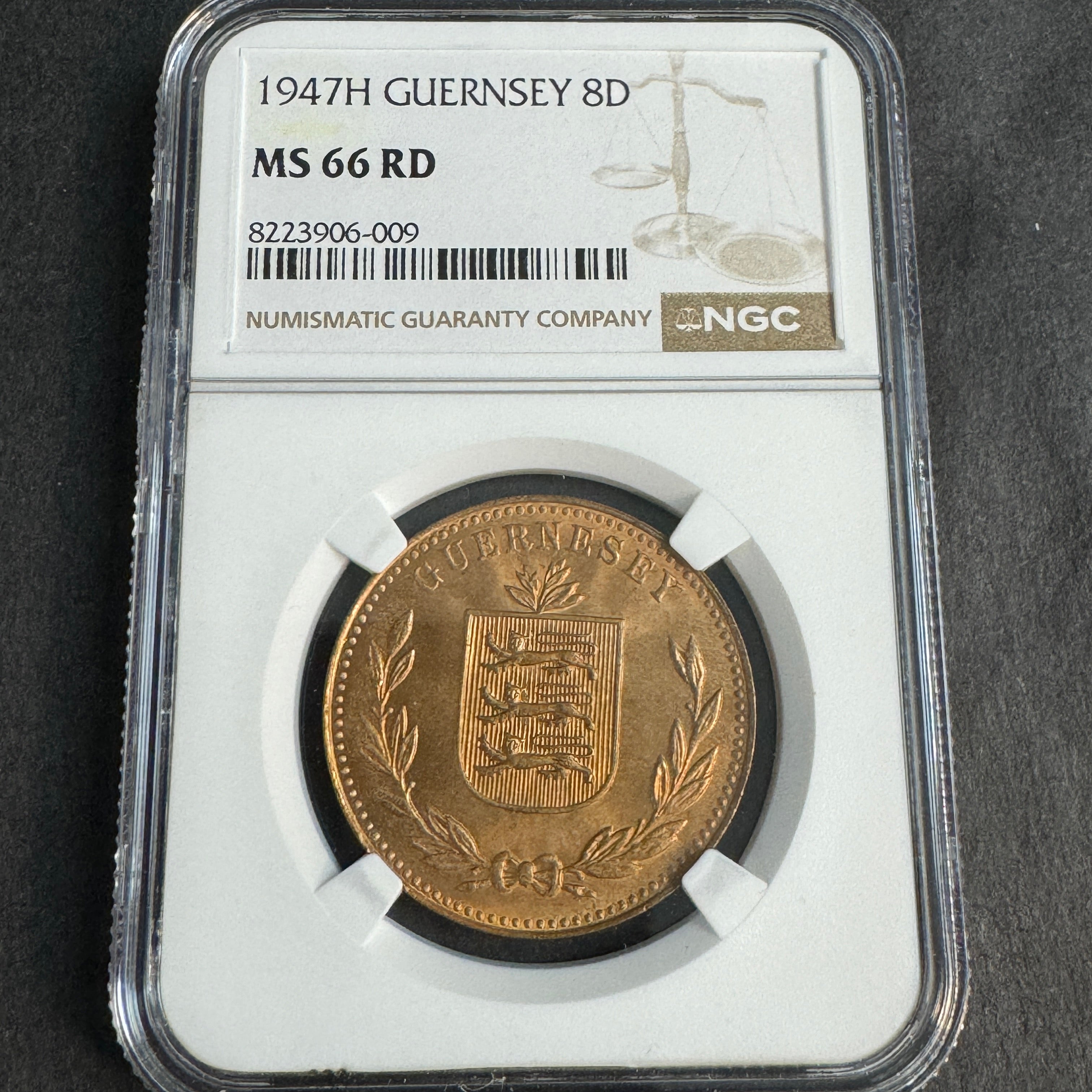 1947-H Guernsey 8 Doubles, KM-14, NGC MS-66 RD Red 🔥TOP POP 2/0🔥🇬🇬