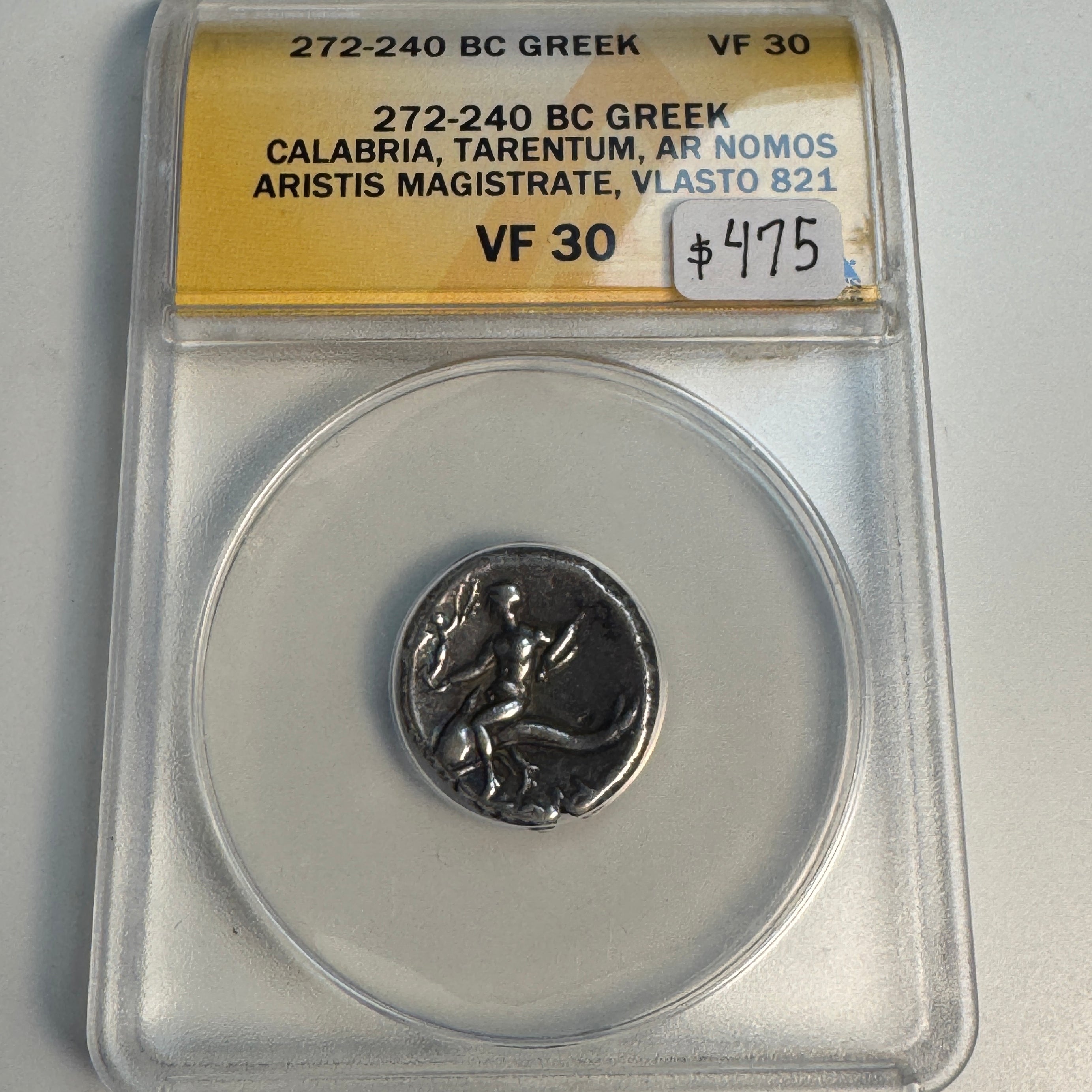 (272-240 BC) Calabria Tarentum AR Nomos, Dolphin / Horse, Vlasto-821, ANACS VF-30