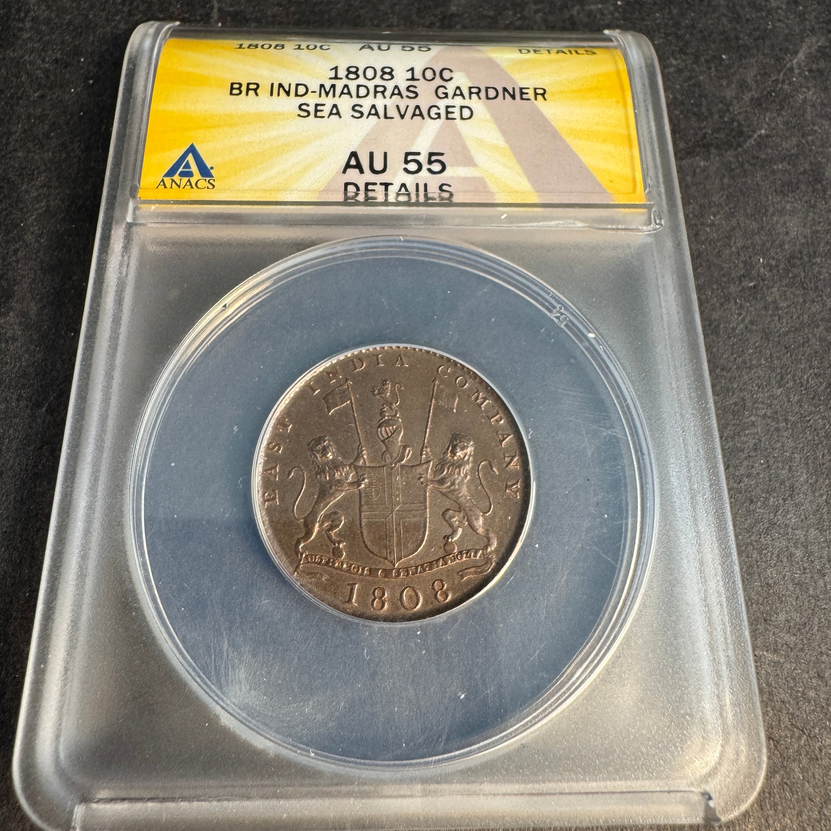 1808 British India 10 Cash, Madras Presidency, Admiral Gardner Shipwreck, ANACS AU-55 Details