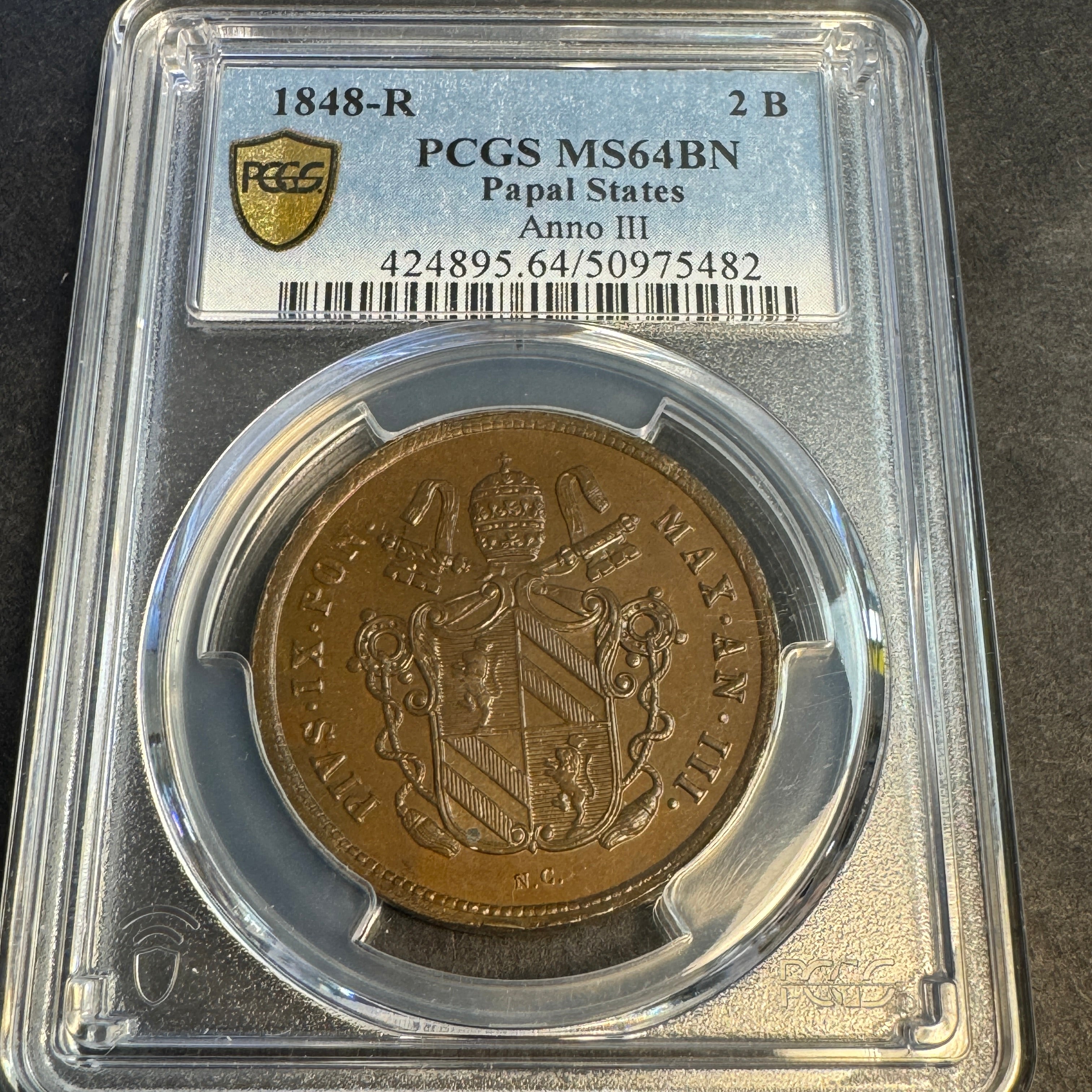 1848-R Papal States 2 Baiocchi AE, Pius IX Anno III, PCGS MS-64 BN🇻🇦Top Pop 1/0 🏆