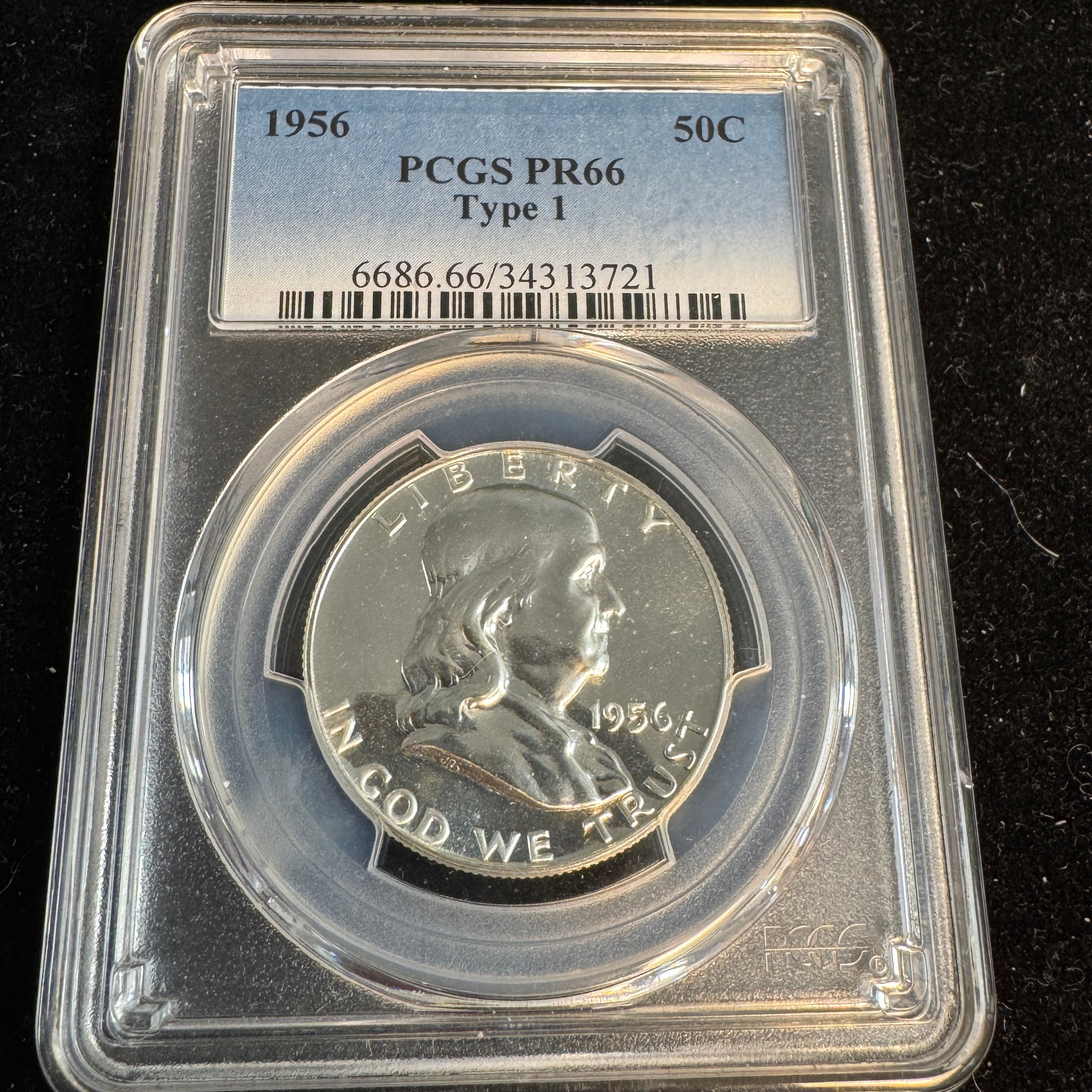 1956 Franklin Half Dollar Type 1 Proof, PCGS PR-66 (CPG: $145)