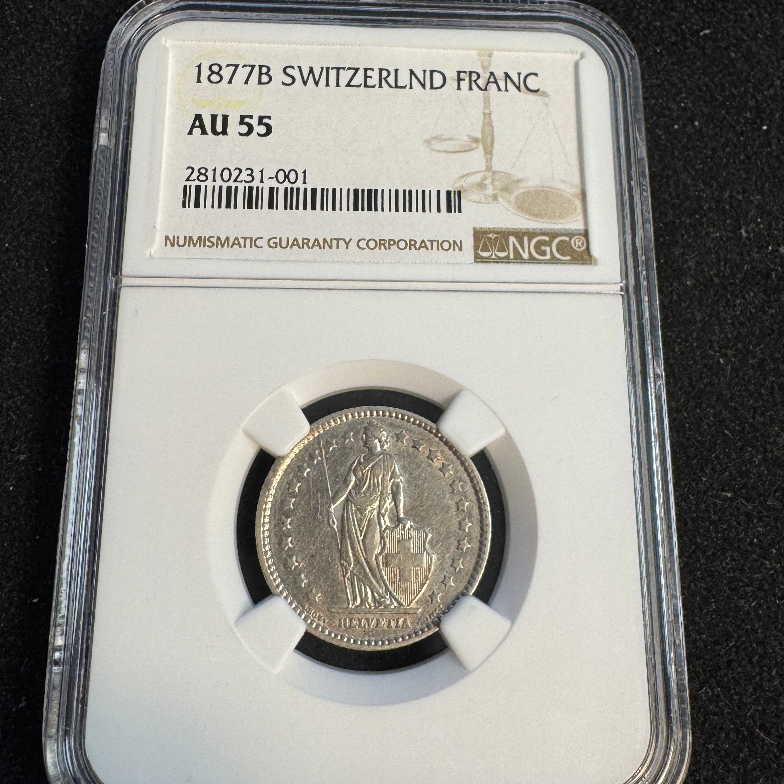 1877-B Switzerland AR 1 Franc, NGC AU-55 🇨🇭