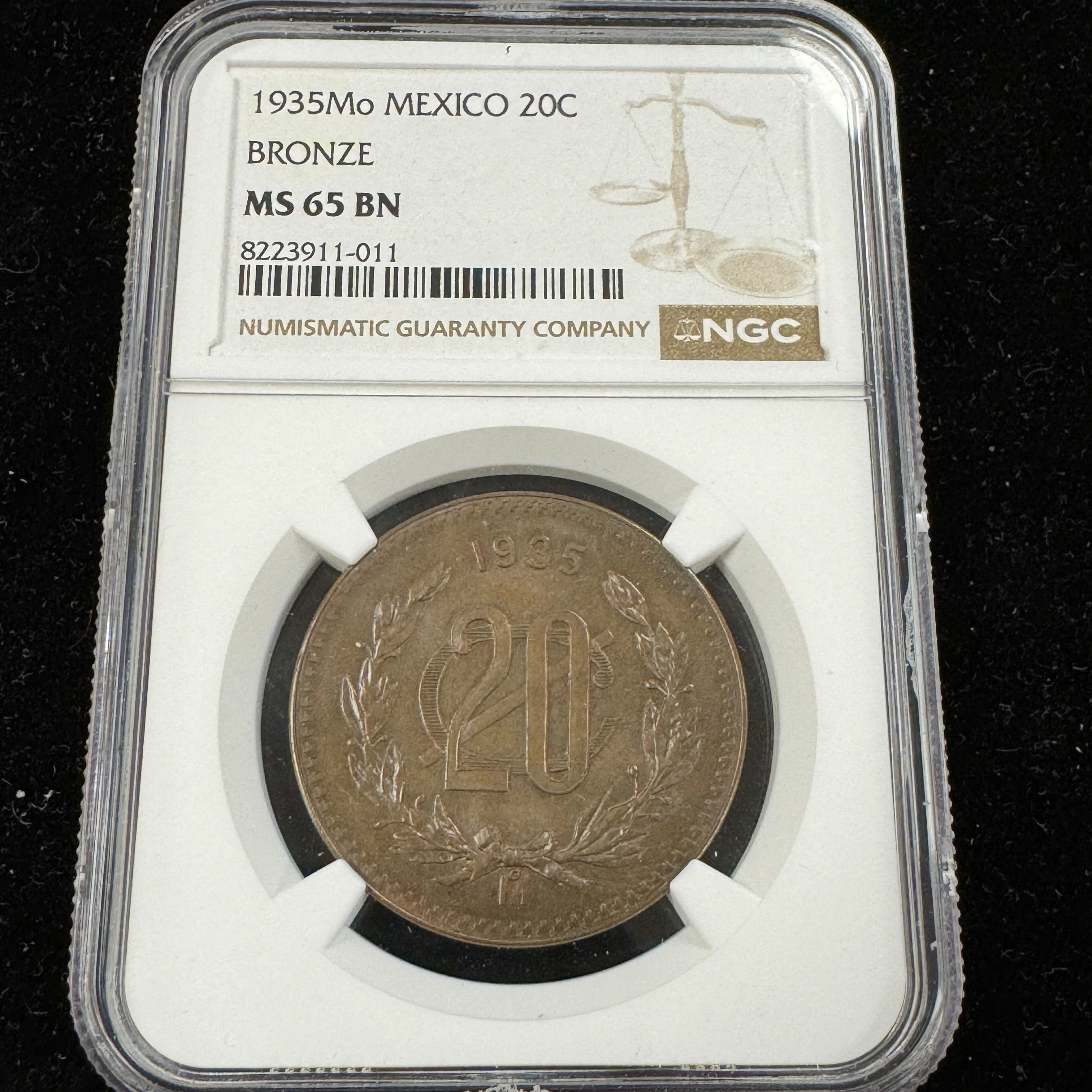 1935 Mo Mexico 20 Centavos Bronze, NGC MS-65 BN 🇲🇽