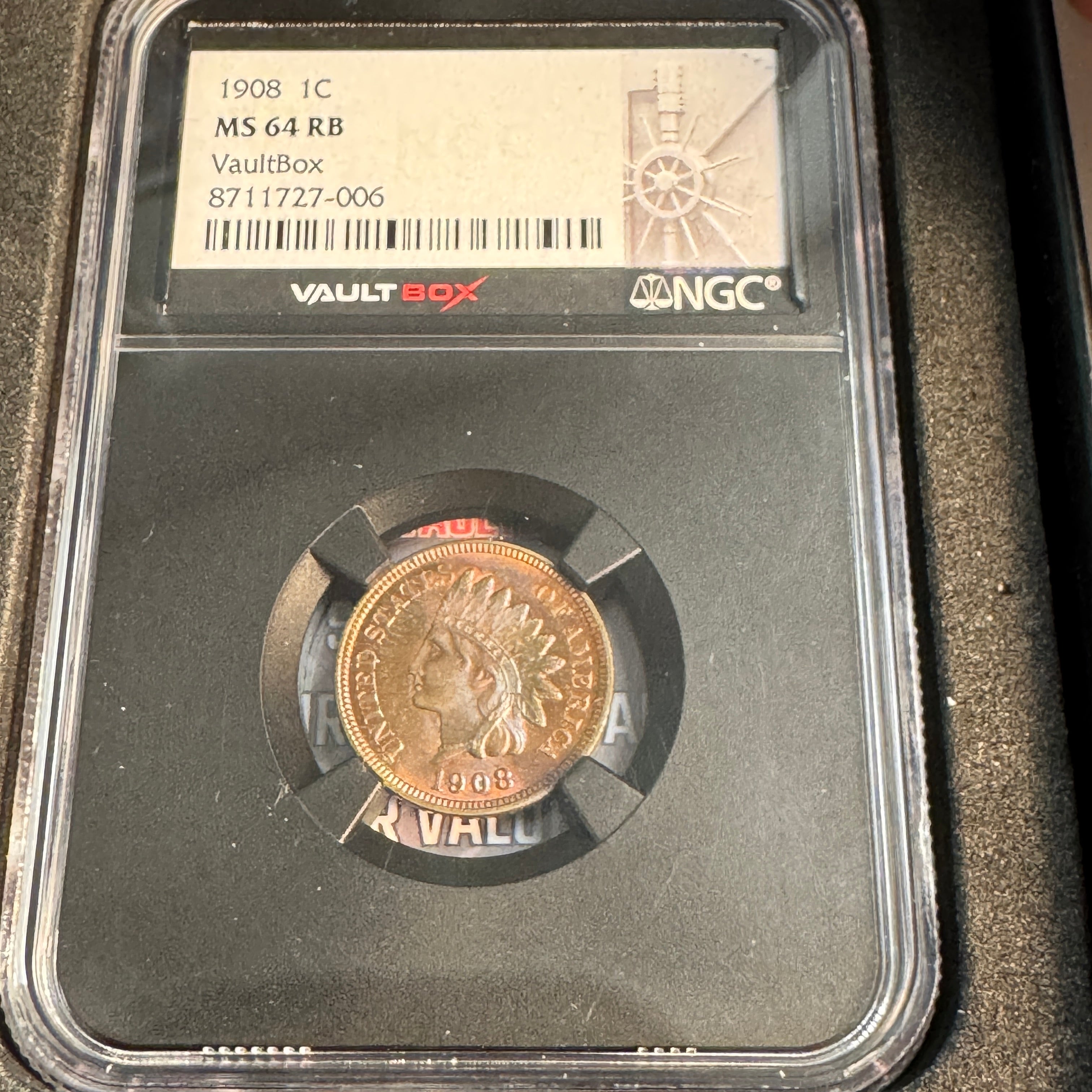 1908 Indian Head Cent 1c, VaultBox NGC MS-64 RB