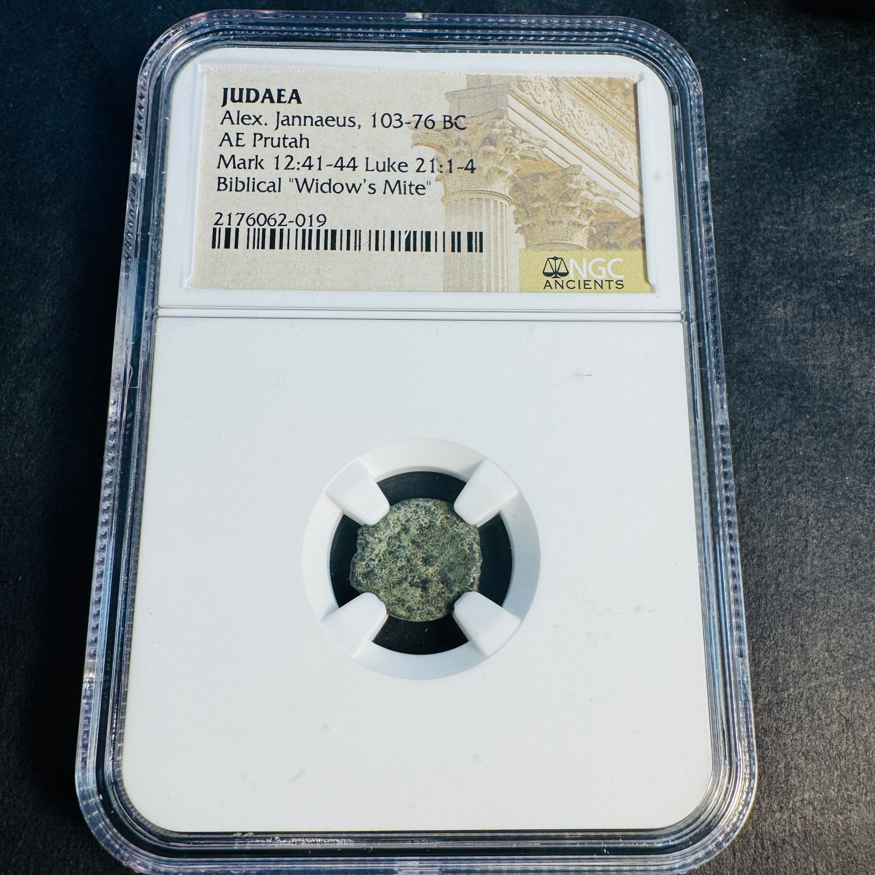 103-76 BC JUDAEA, Alex. Jannaeus, Bronze Prutah (Lepton), “Biblical Widow’s Mite”, Mk.12:41-44 & Lu.21:1-4, NGC Ancient