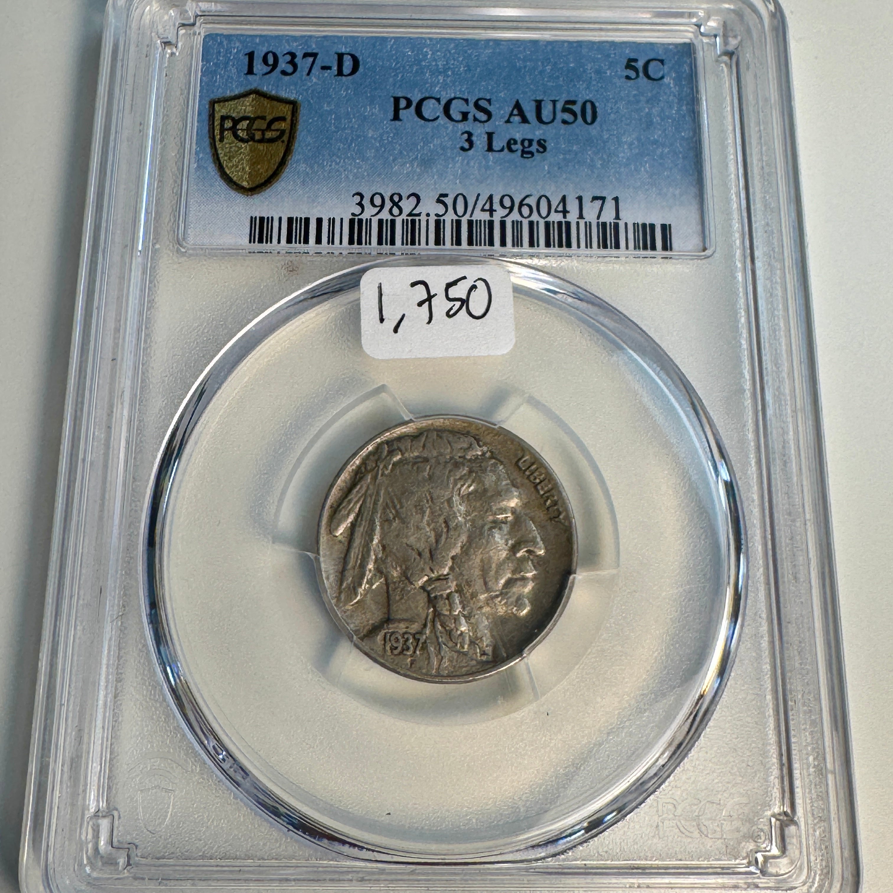 1937-D 3-Legs Buffalo Nickel Rare Mint Error, PCGS AU-50