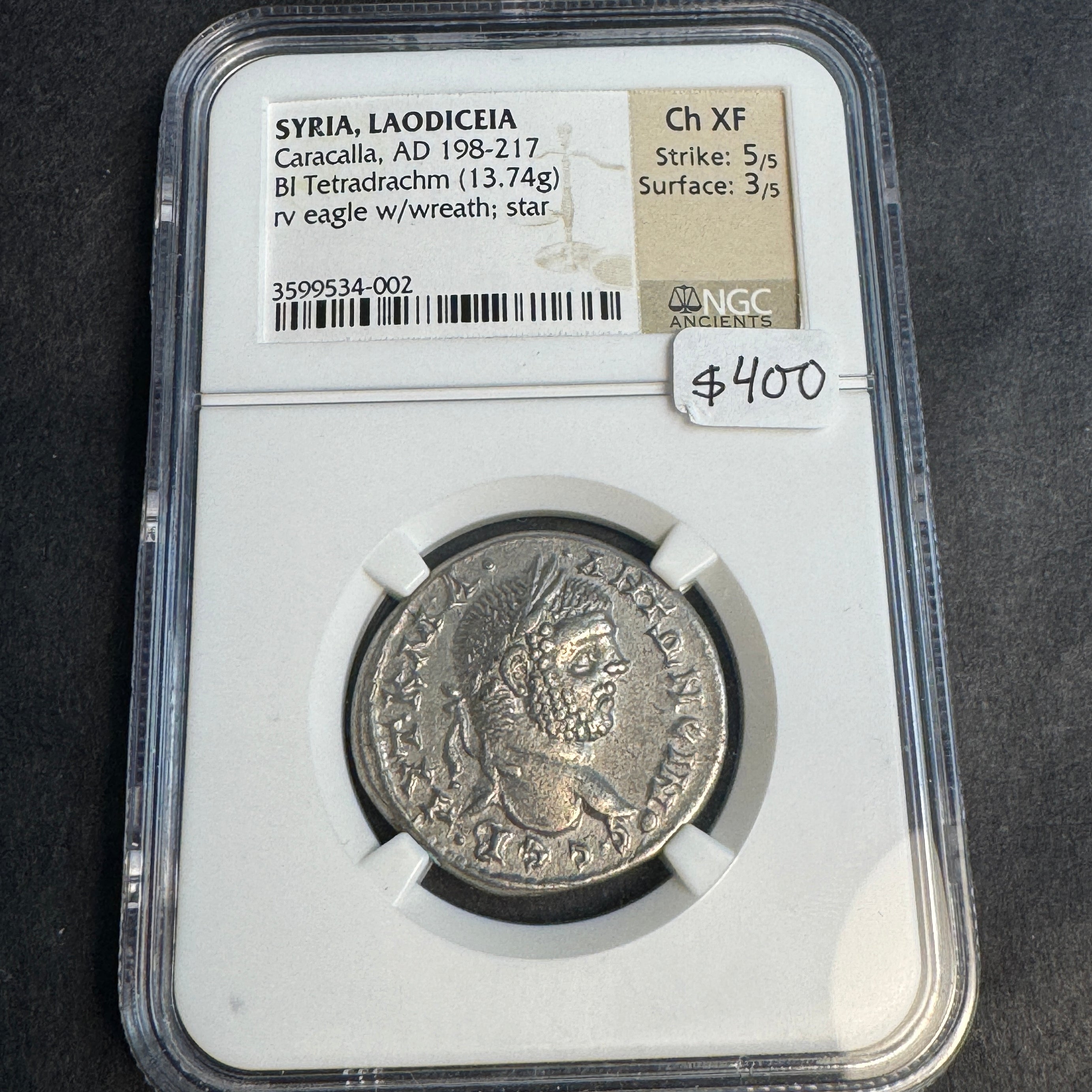 Roman Empire Syria, Laodiceia, Caracalla BI Tetradrachm, Eagle & wreath, NGC Choice XF