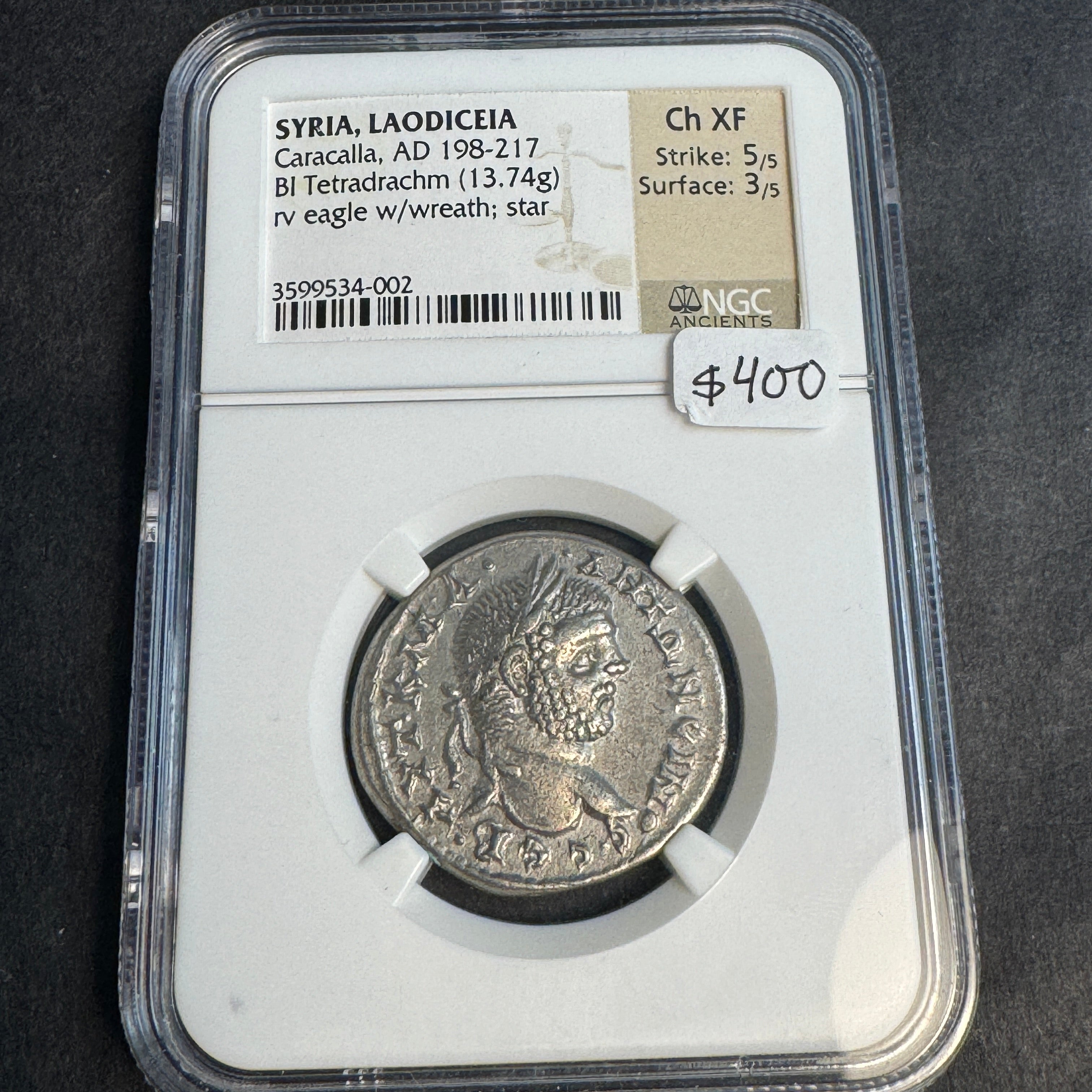 Roman Empire Syria, Laodiceia, Caracalla BI Tetradrachm, Eagle & wreath, NGC Choice XF