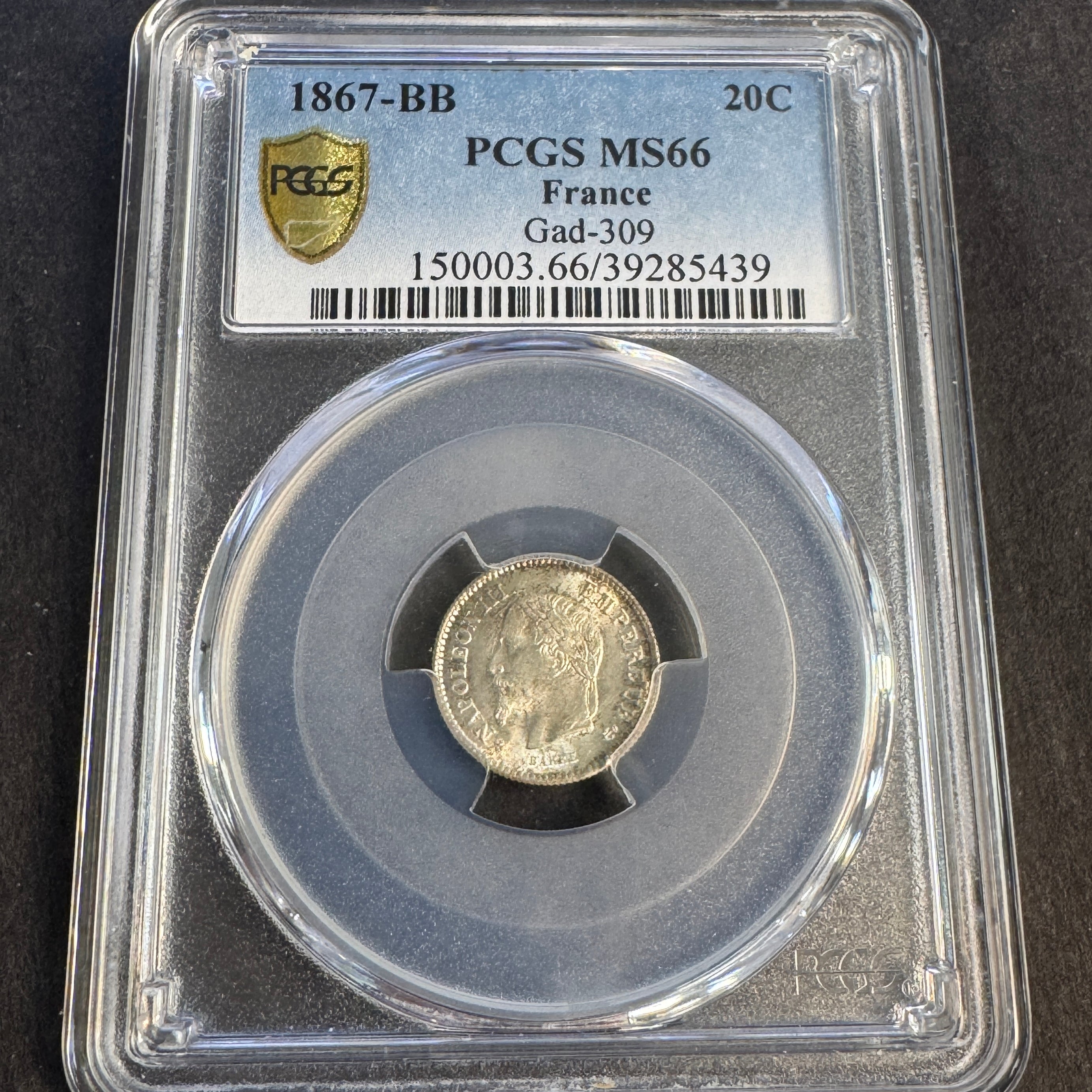 1867-BB France 20 Centimes, Napoleon III, PCGS MS-66 🇫🇷
