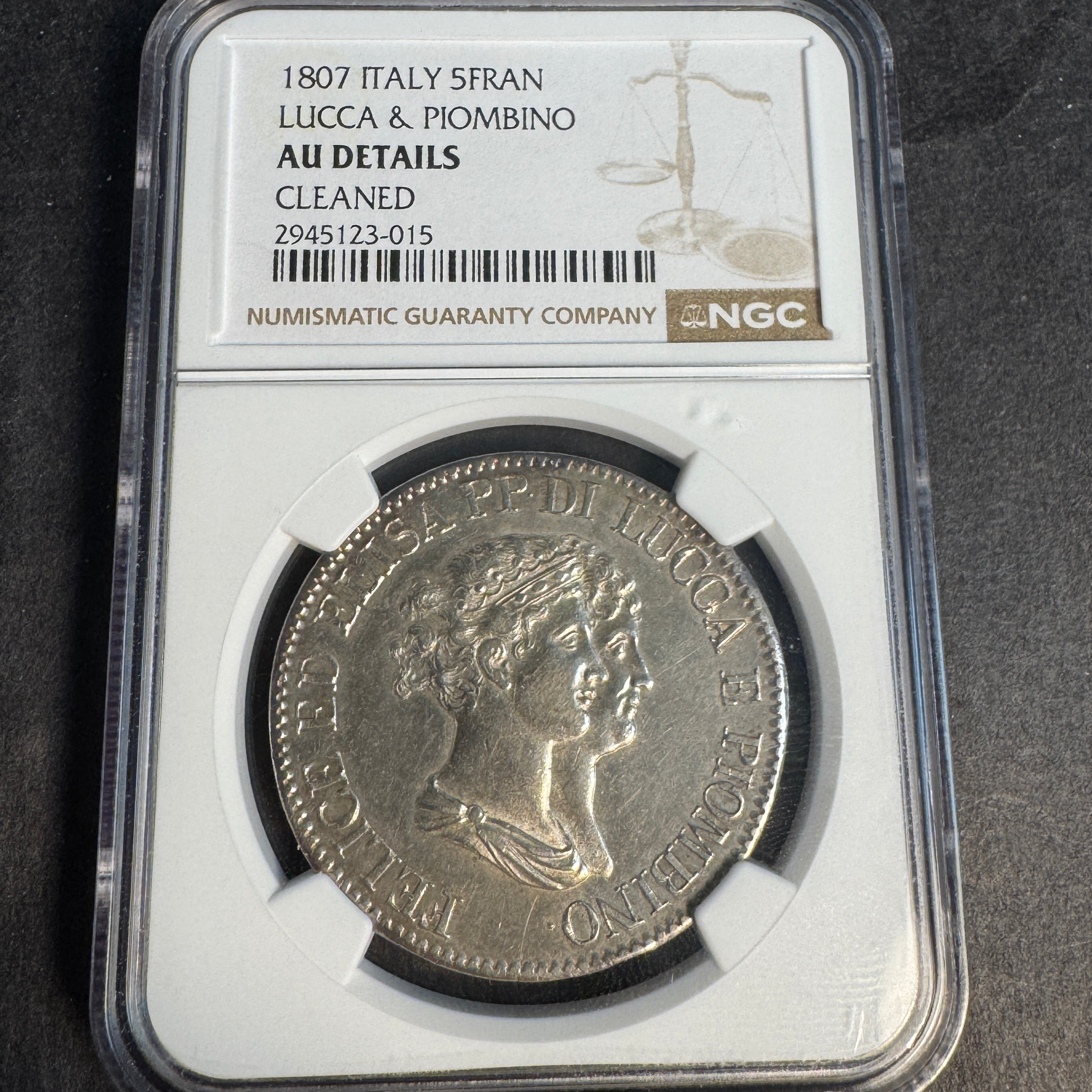 1807 Luca & Piombino, AR 5 Franchi, Elisa Bonaparte, Napoleonic Italy, NGC AU Details