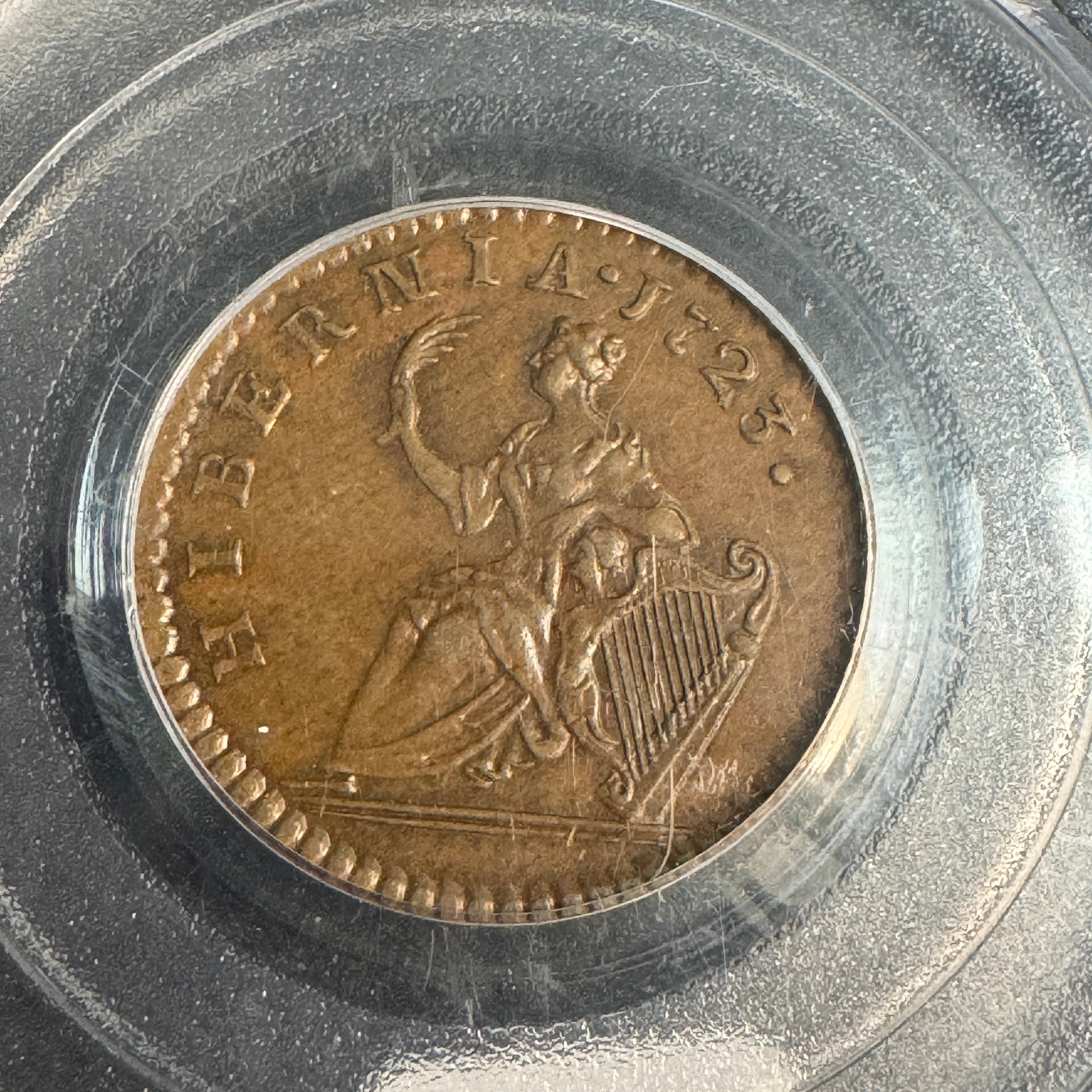 1723 Wood’s Hibernia Farthing, George I Ireland & N. America Colonial Copper, PCGS MS-62 BN