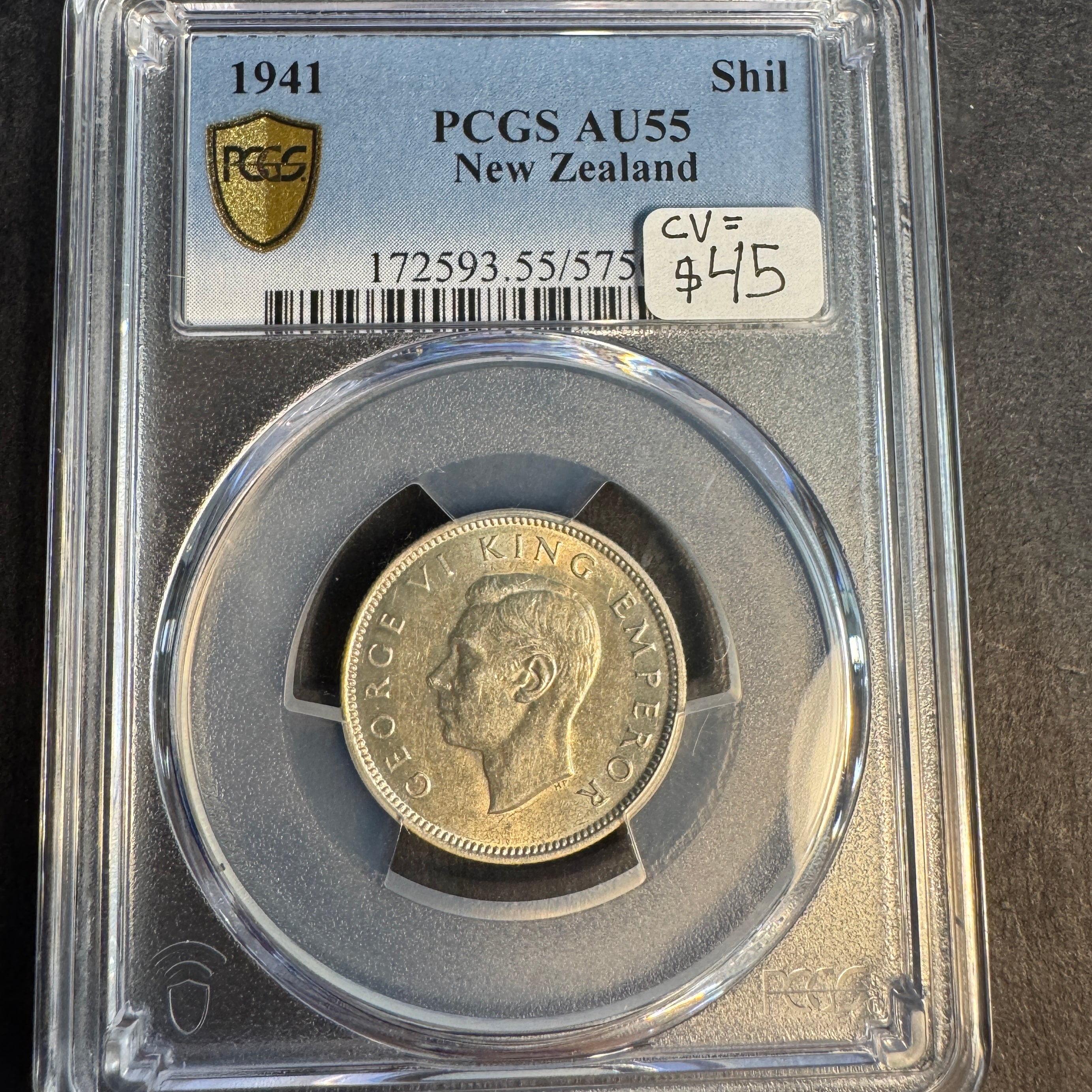 1941 New Zealand AR 1 Shilling, KGVI, PCGS AU-55 🇳🇿