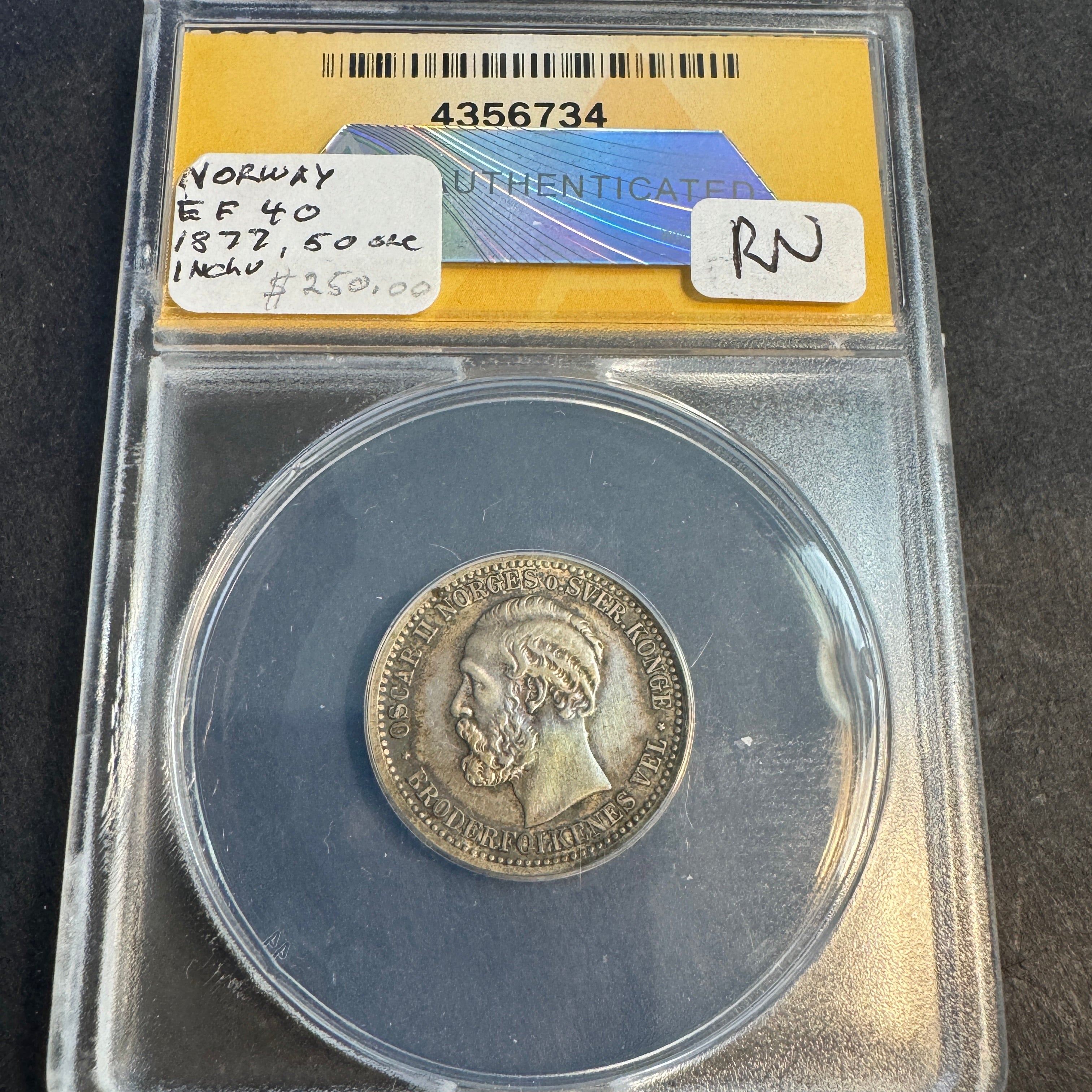 1877 Norway 50 Ore, Oscar II, KM-356, ANACS EF-40 🇳🇴