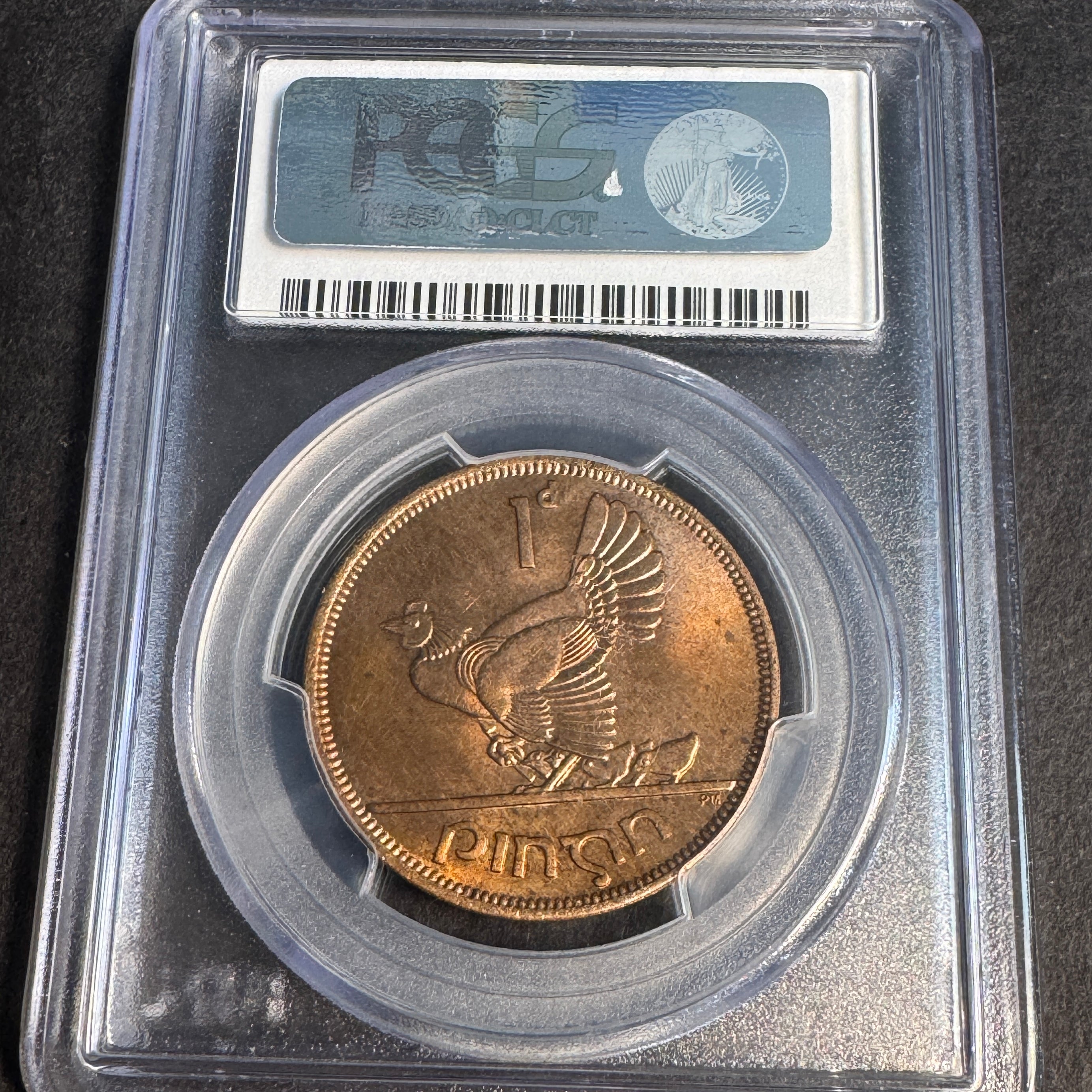 1952 Ireland 1 Penny, Harp / Chickens, PCGS MS-64 RD Red 🇮🇪