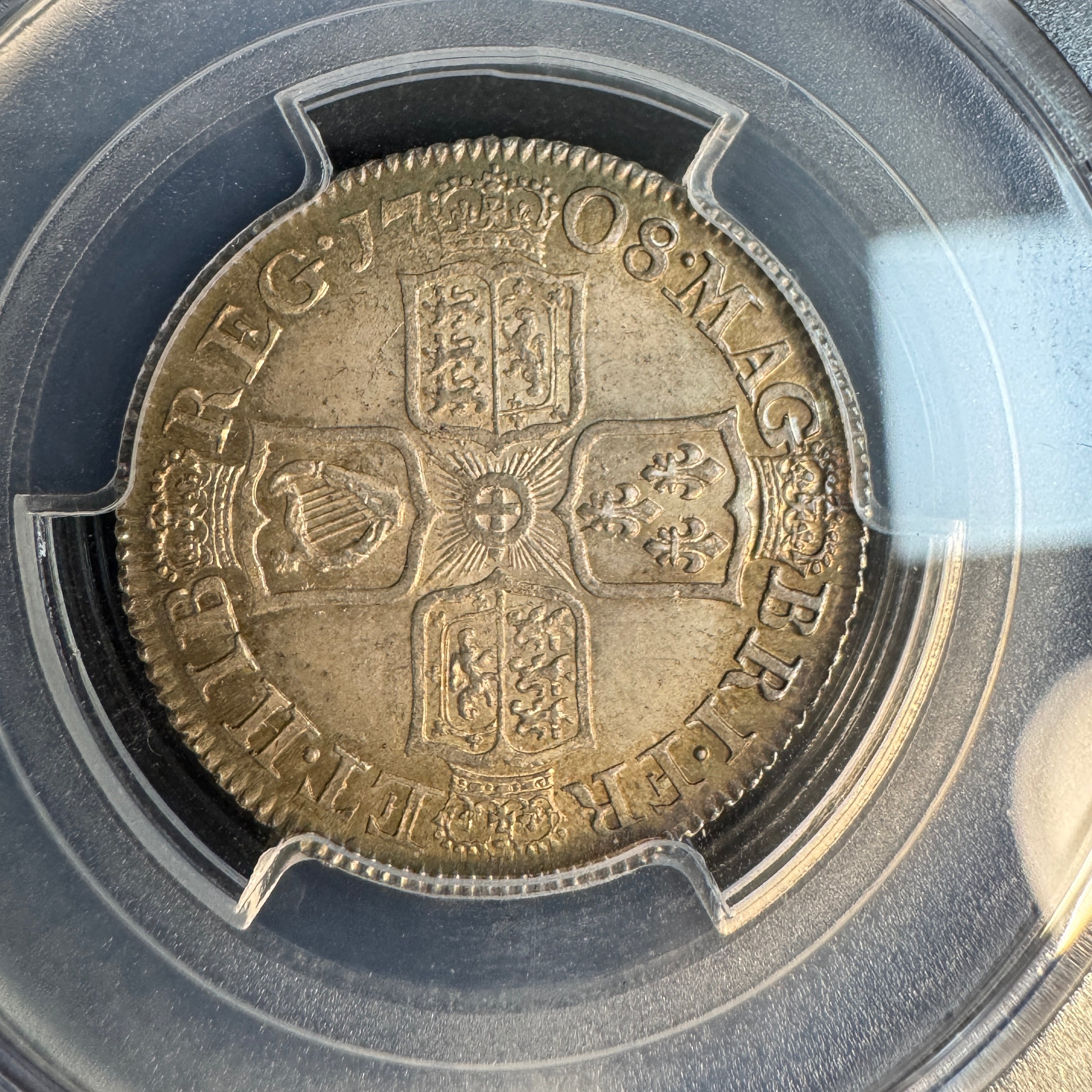 1708 Great Britain Shilling, Anne, S-3610 3rd Bust, PCGS MS-62