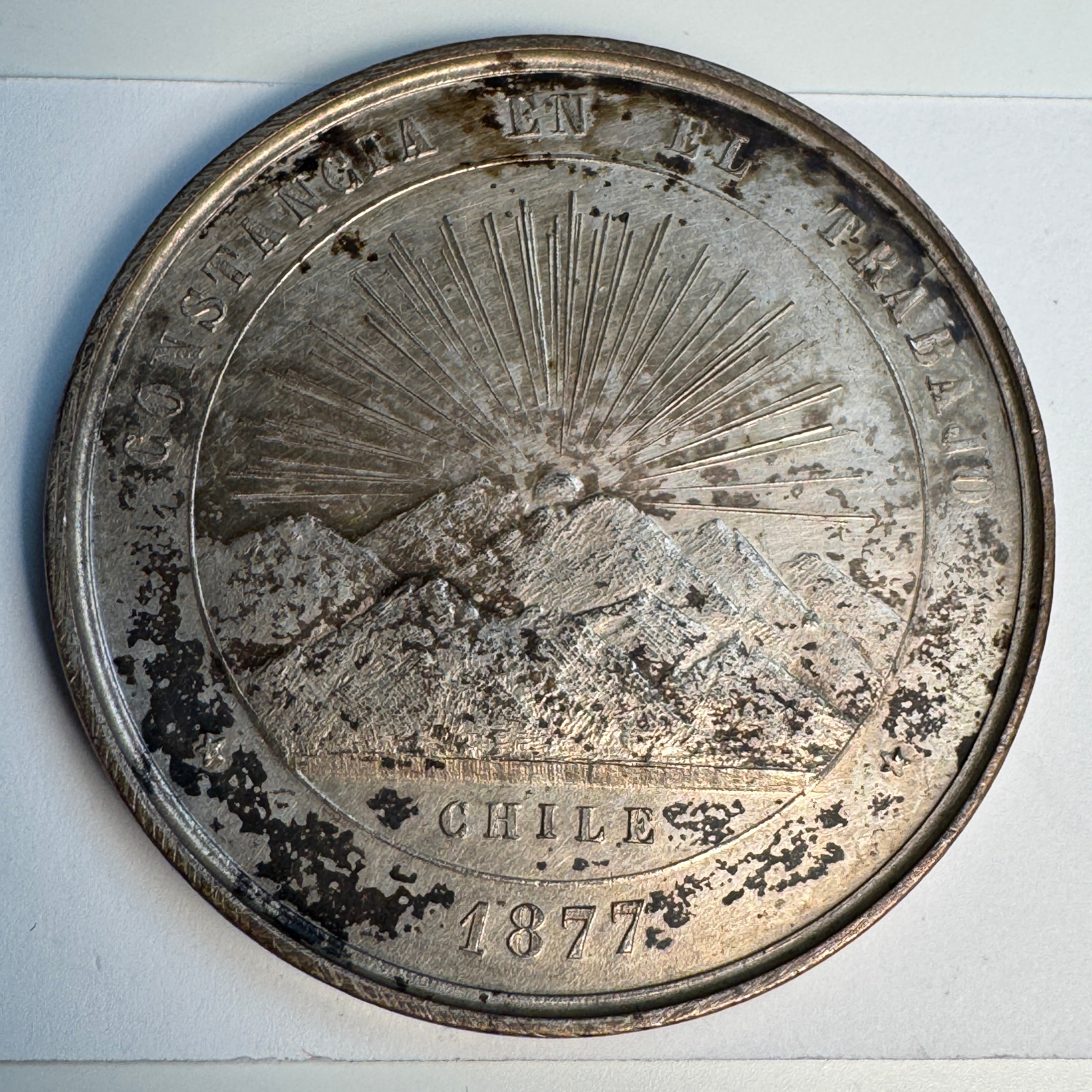 1877 Chile Medal - Andres Bello 1780-1865 / “Constancia en el Trabajo”, white metal, rare