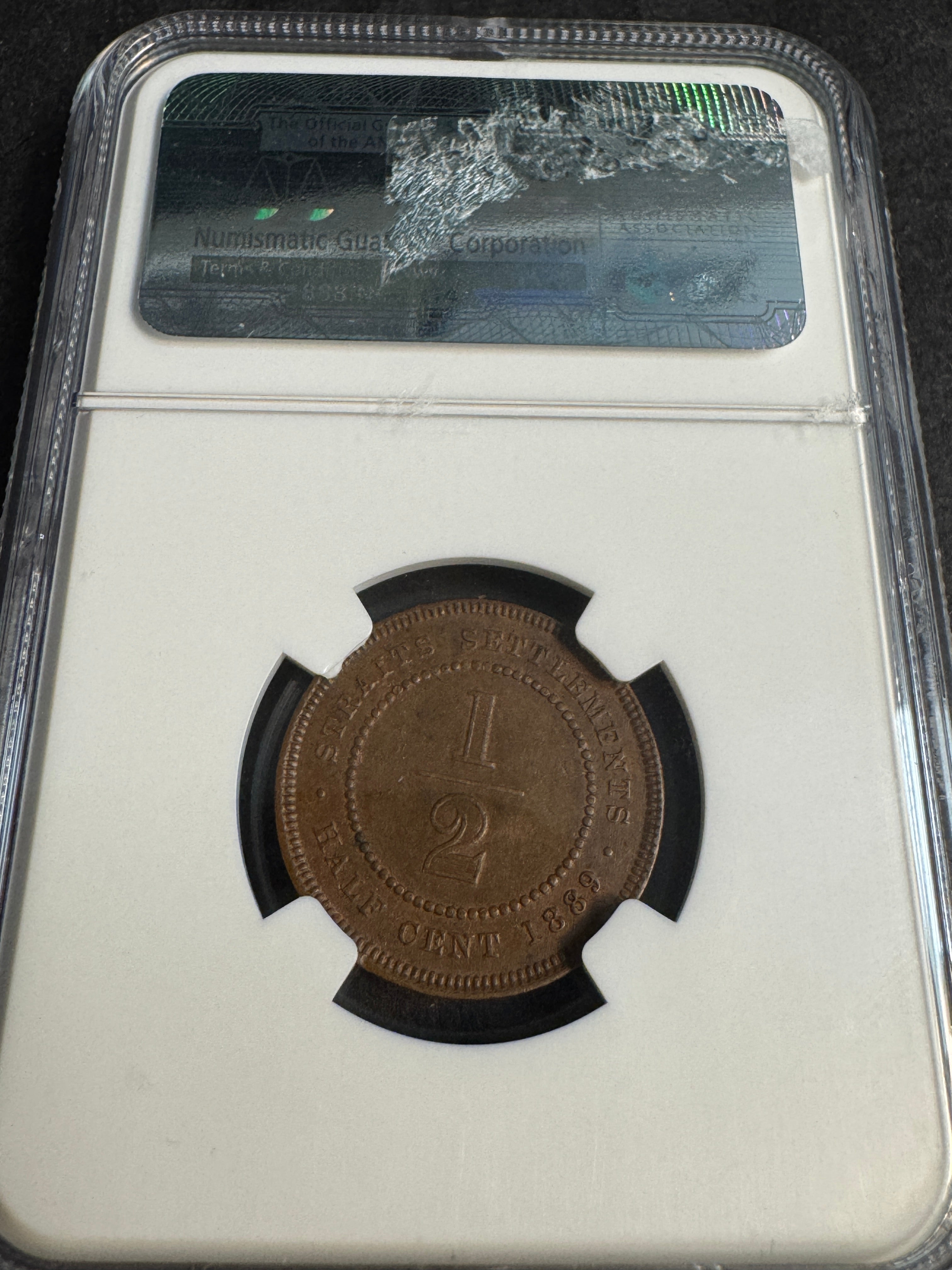 1889 Straits Settlements 1/2 Cent, Victoria, NGC AU-58 BN