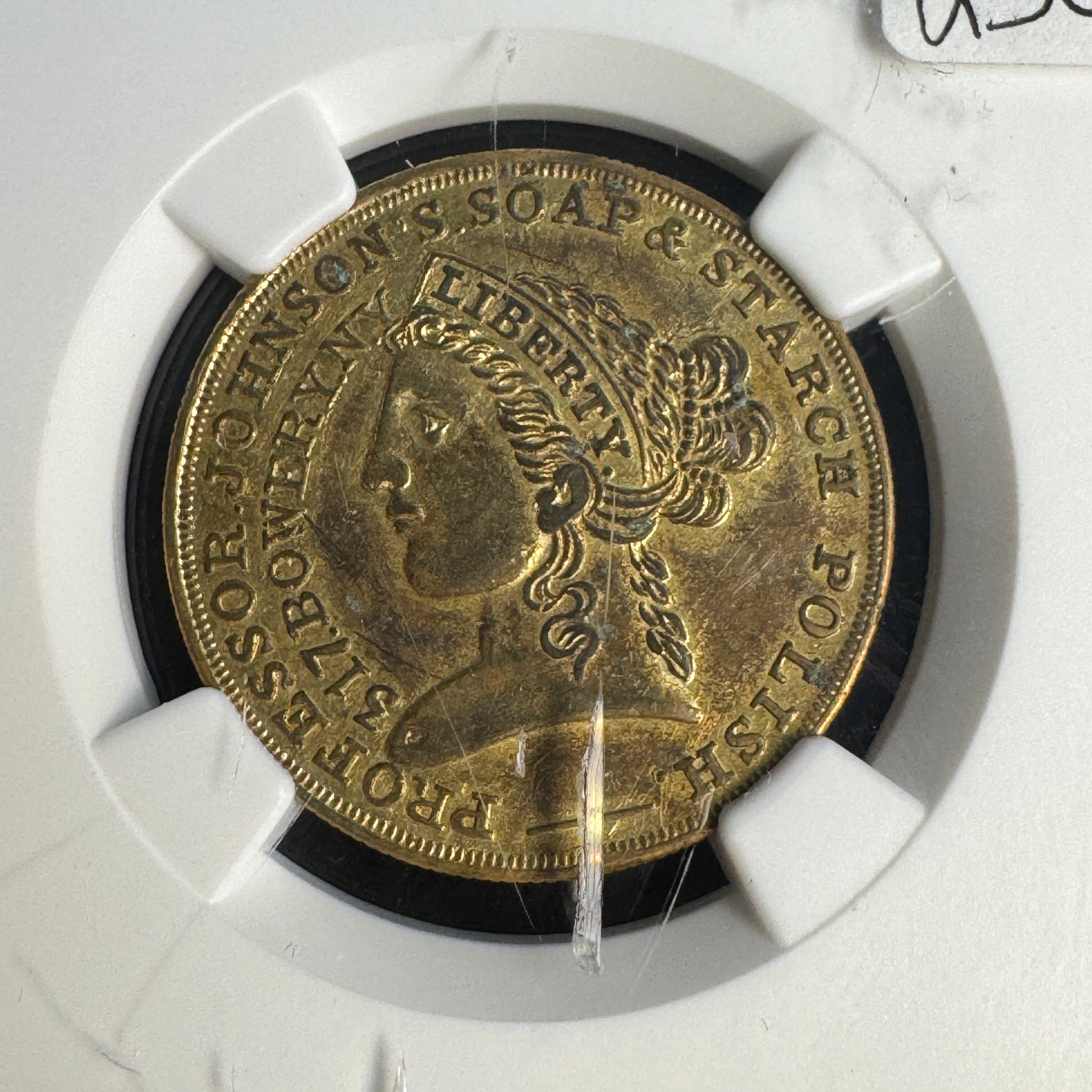(1850s) New York NY Professor Johnson Soap store card, M-NY-397A, NGC AU-58