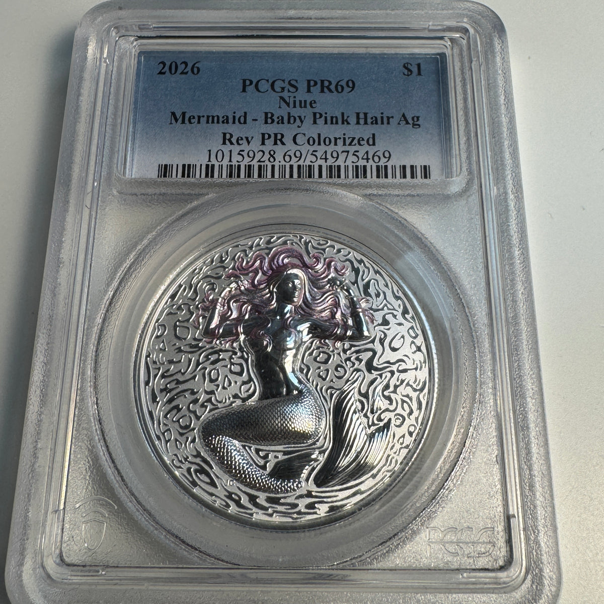 2026 Reverse Proof Niue $1 Pink Hair Mermaid 1oz 999 silver, PR-69