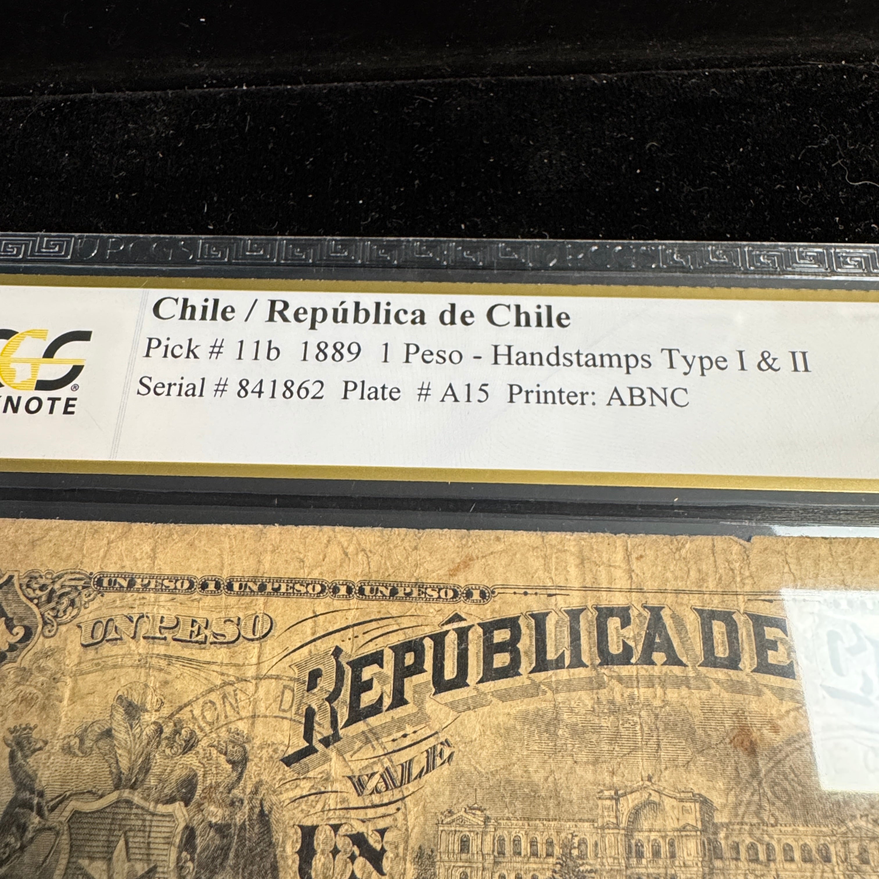 1889 Chile 1 Peso, Handstamps Type 1 & 2, ABNC, P#11b, PCGS F-12