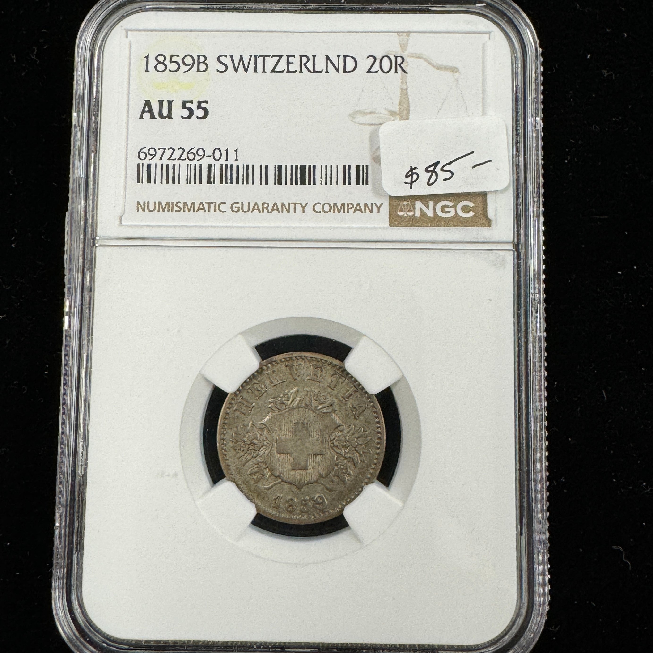 1859 B Switzerland 20 Rappen, NGC AU-55 🇨🇭