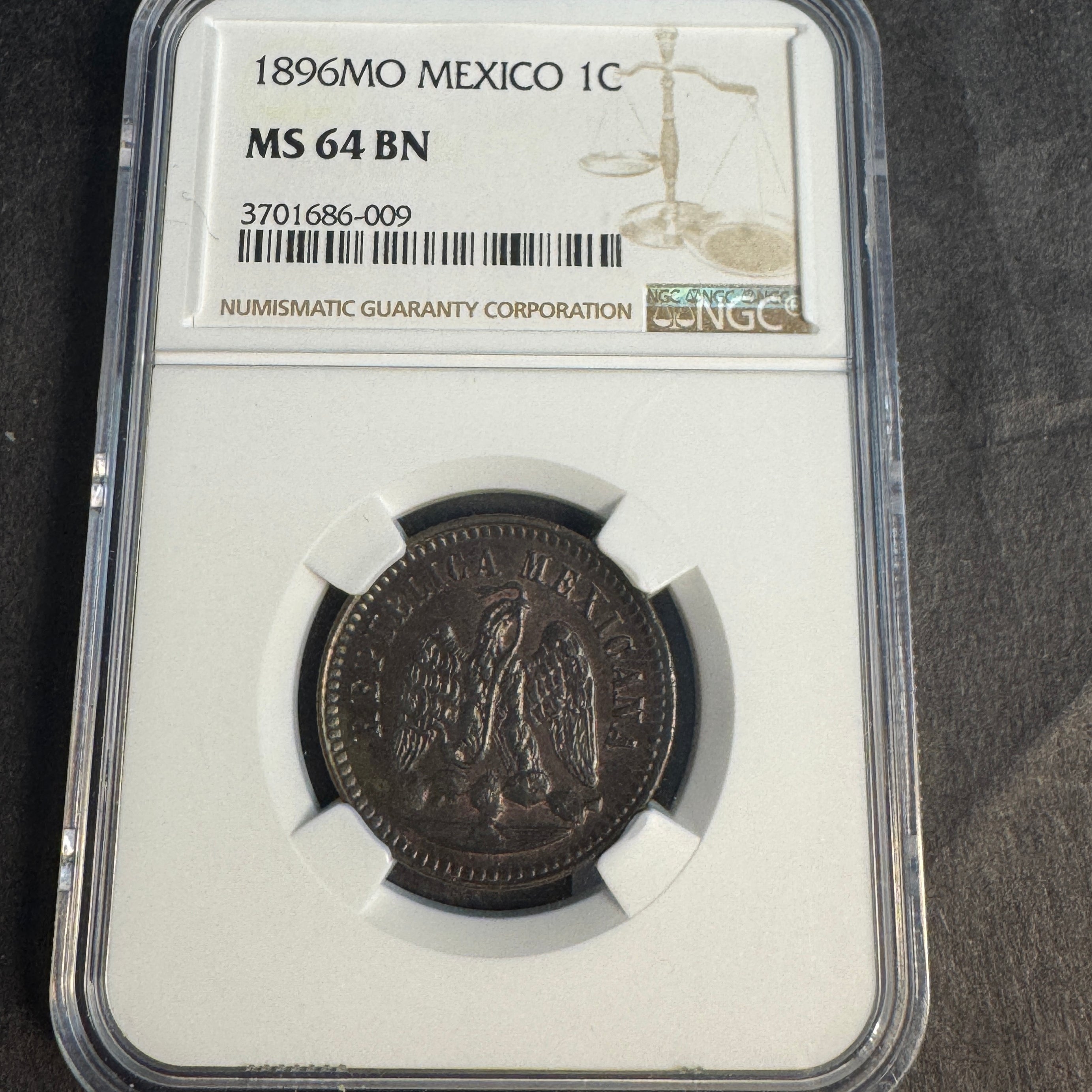 1896-Mo Mexico 2nd Rep. 1 Centavo, NGC MS-64 BN 🇲🇽