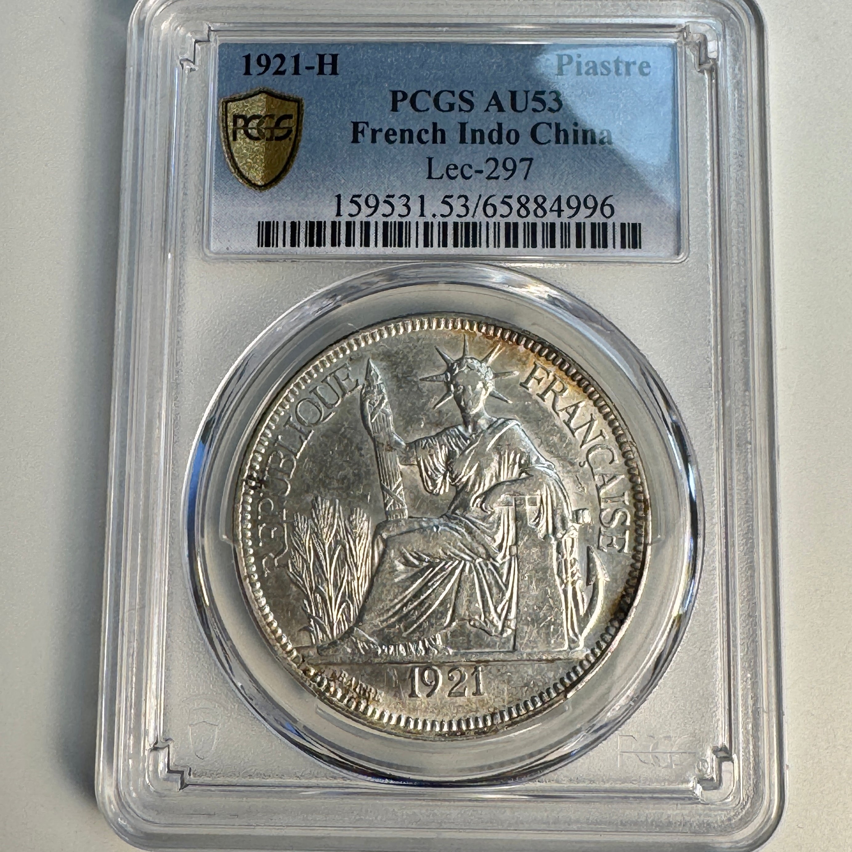 1921-H French Indo-China 1 Piastre, Lec-297, PCGS AU-53
