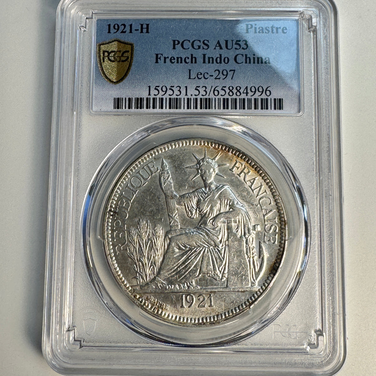 1921-H French Indo-China 1 Piastre, Lec-297, PCGS AU-53