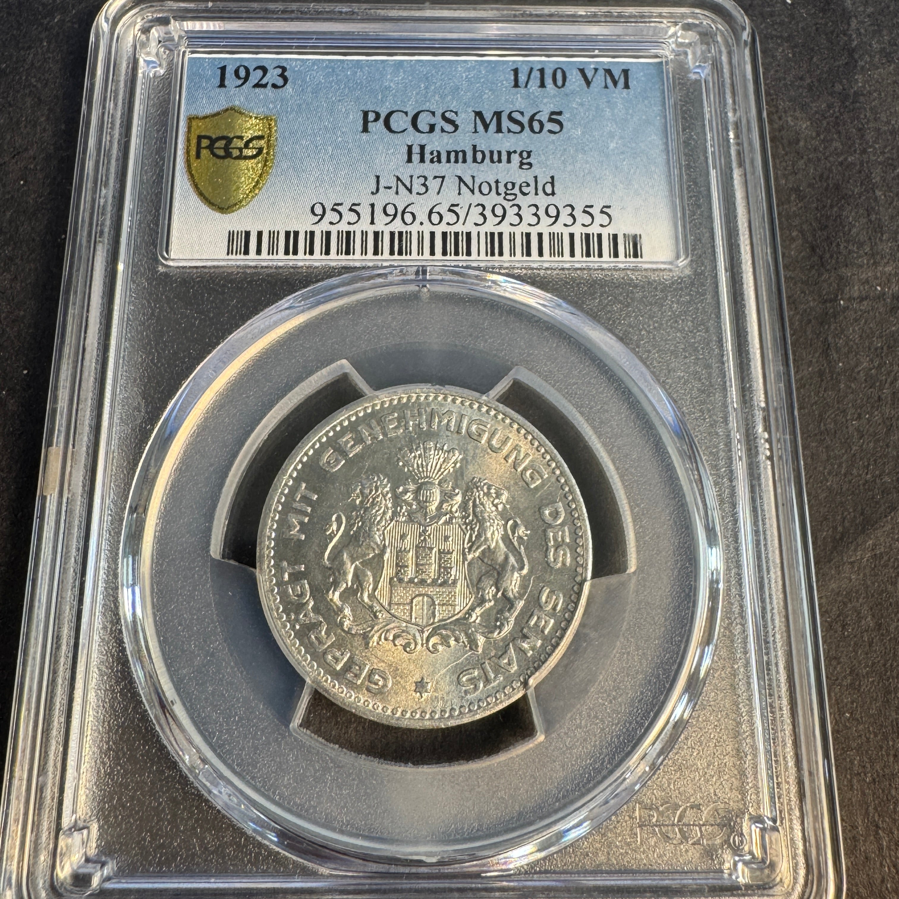 1923 Hamburg 1/10 V-Mark Notgeld, J-N37, PCGS MS-65