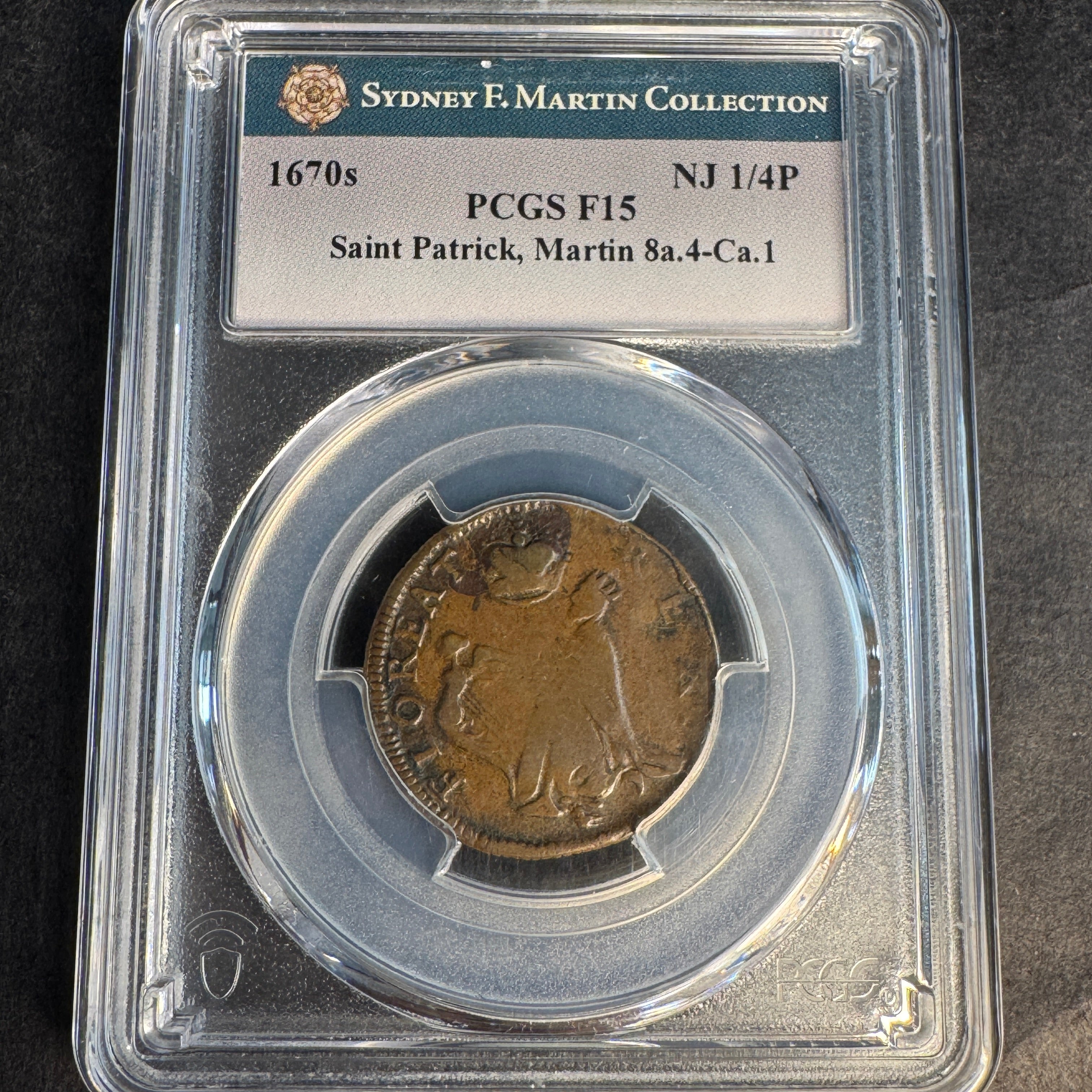 1670s New Jersey Saint Patrick Farthing, Martin 8a.4-Ca.1, PCGS F-15 ☘️