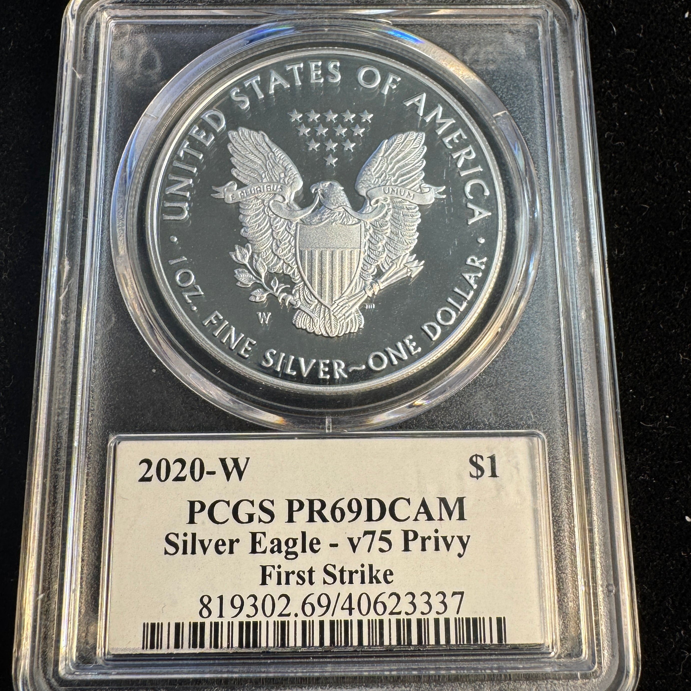 2020-W Proof Silver Eagle V-75 Privy First Strike, PCGS PR-69 DCAM