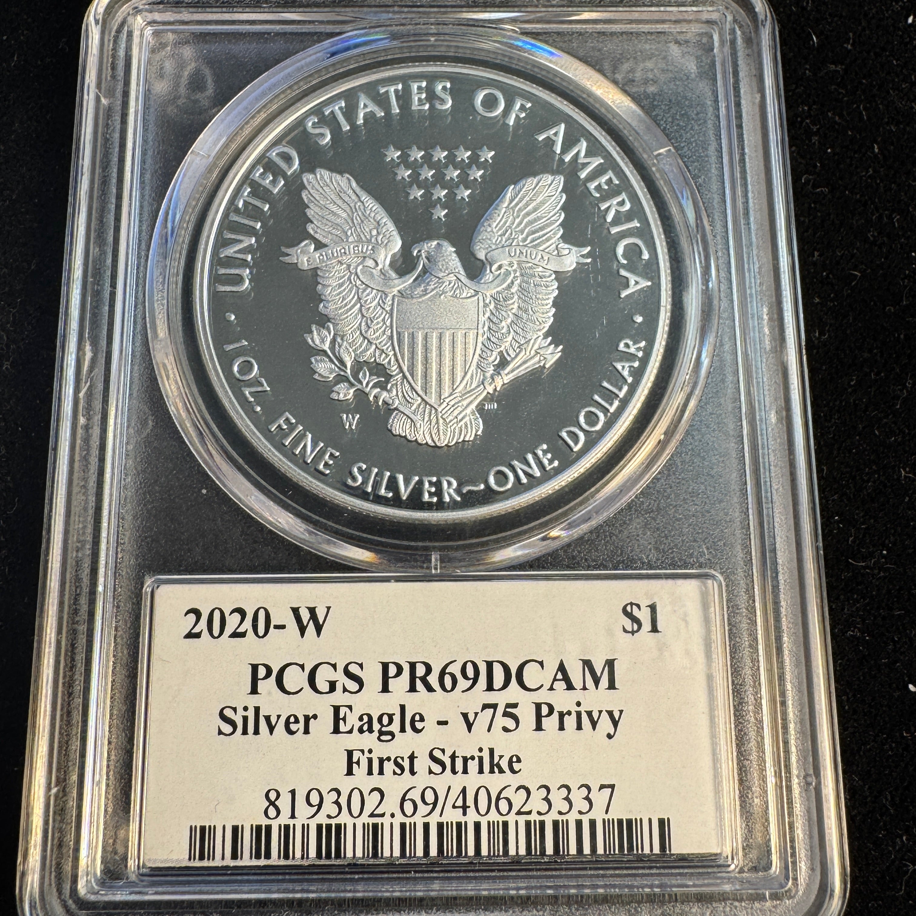 2020-W Proof Silver Eagle V-75 Privy First Strike, PCGS PR-69 DCAM