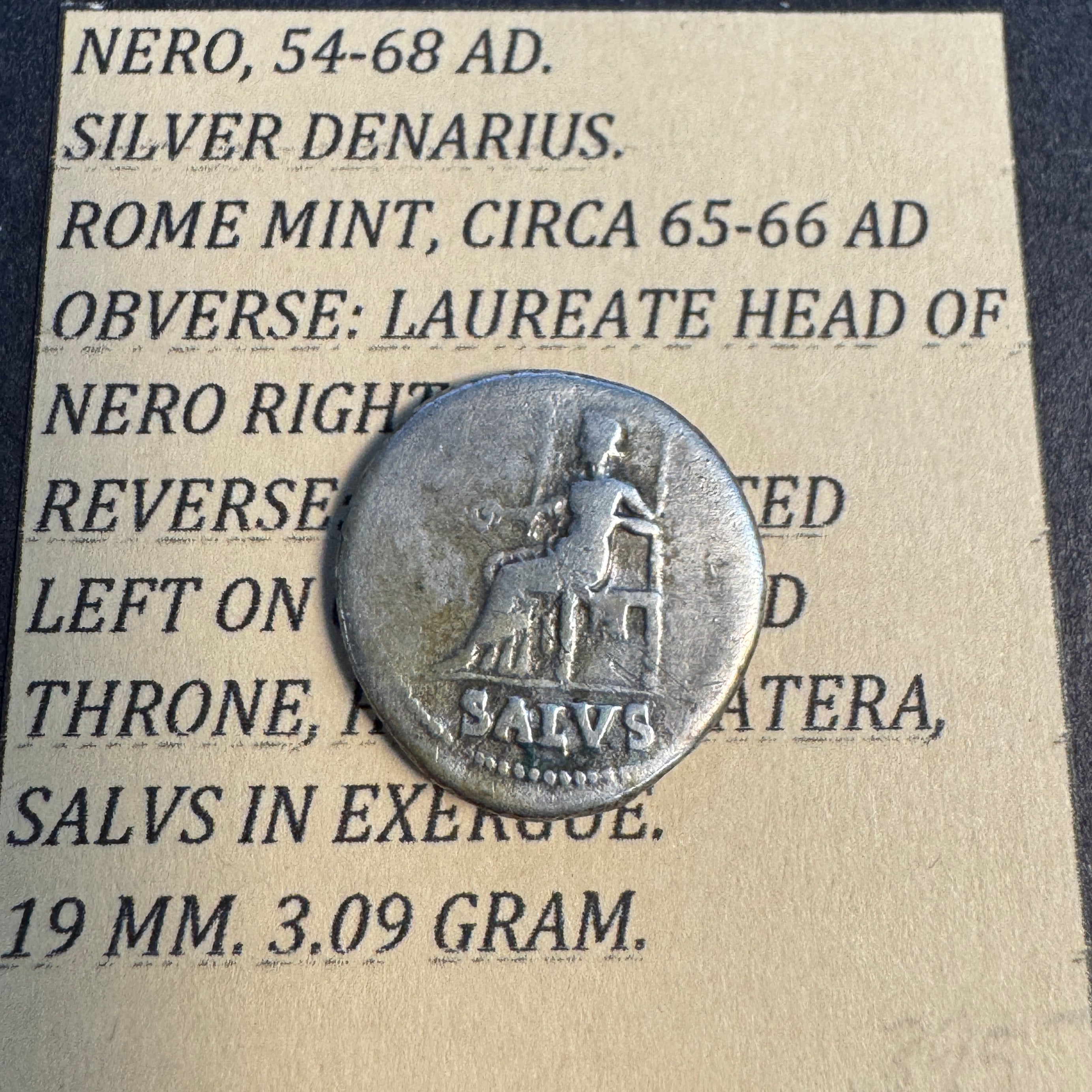 NERO Caesar Augustus, Roman Empire Silver Denarius, 65-66 A.D. Rome Mint, Rv: Salus, Fine