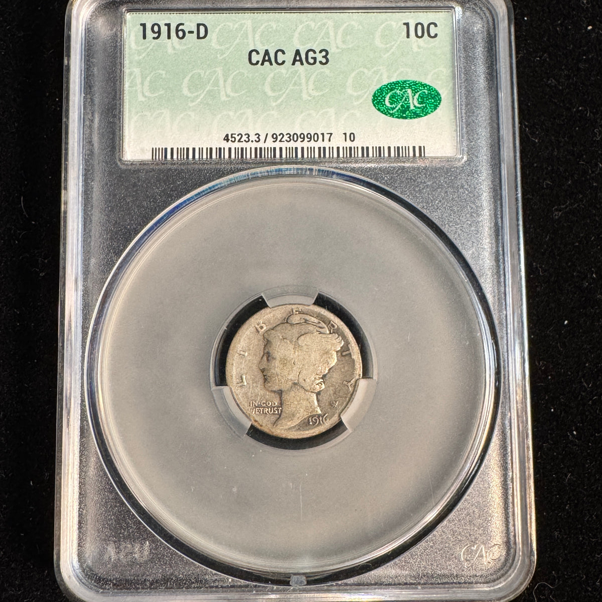 1916-D Mercury Dime 10c, CAC AG-3