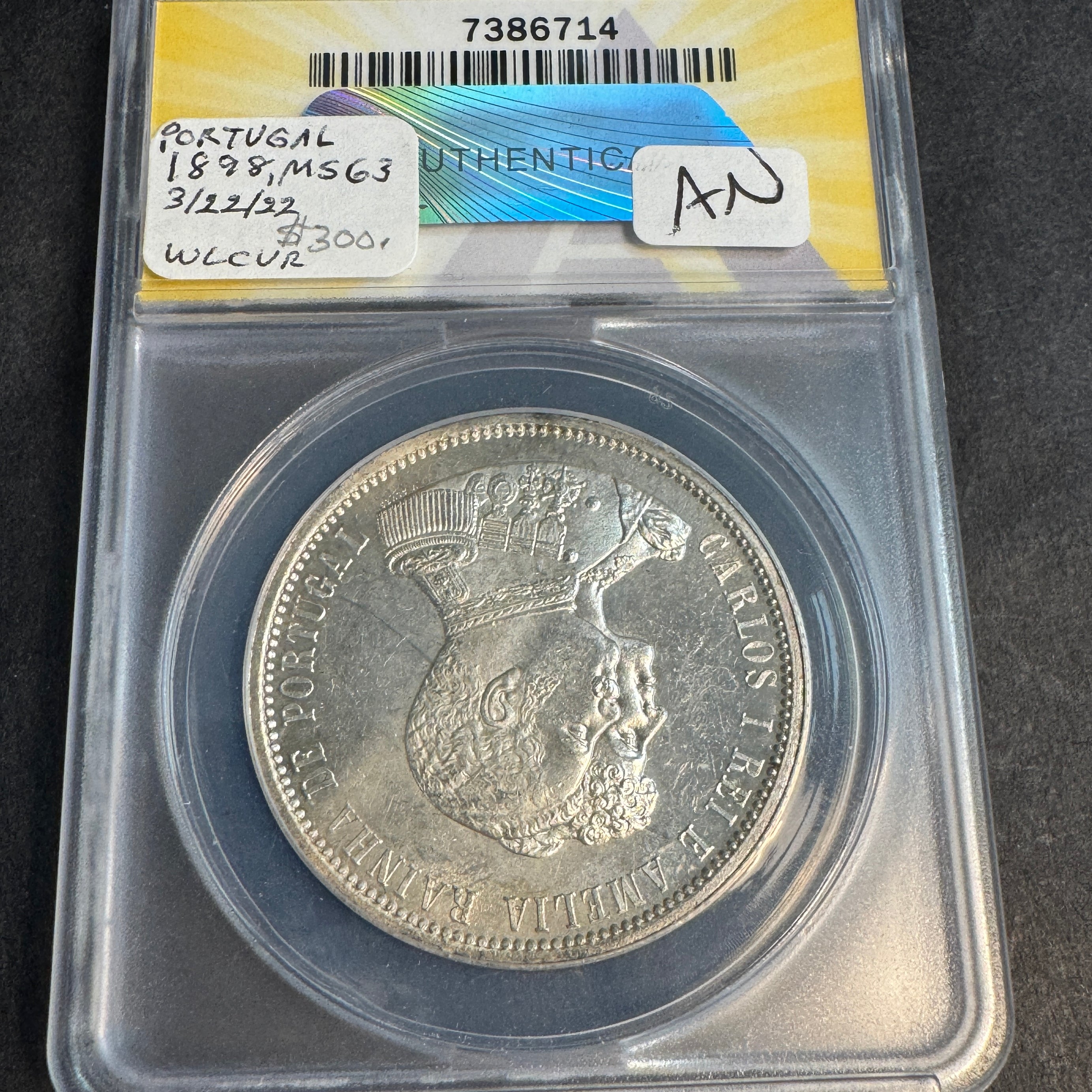 1898 Portugal AR 1000 Reis, 400th Anniv. Discovery of India, ANACS MS-63 🇵🇹