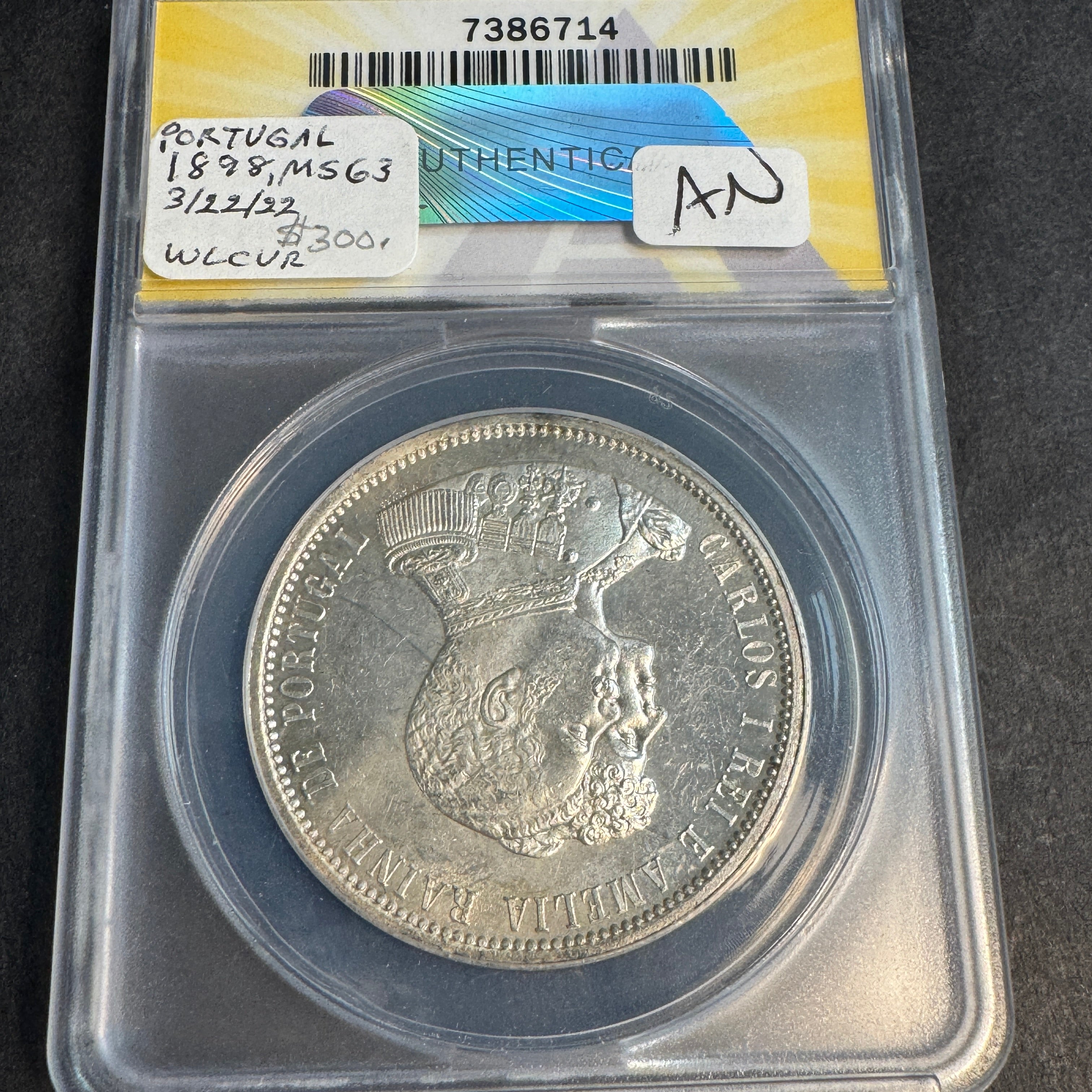 1898 Portugal AR 1000 Reis, 400th Anniv. Discovery of India, ANACS MS-63 🇵🇹