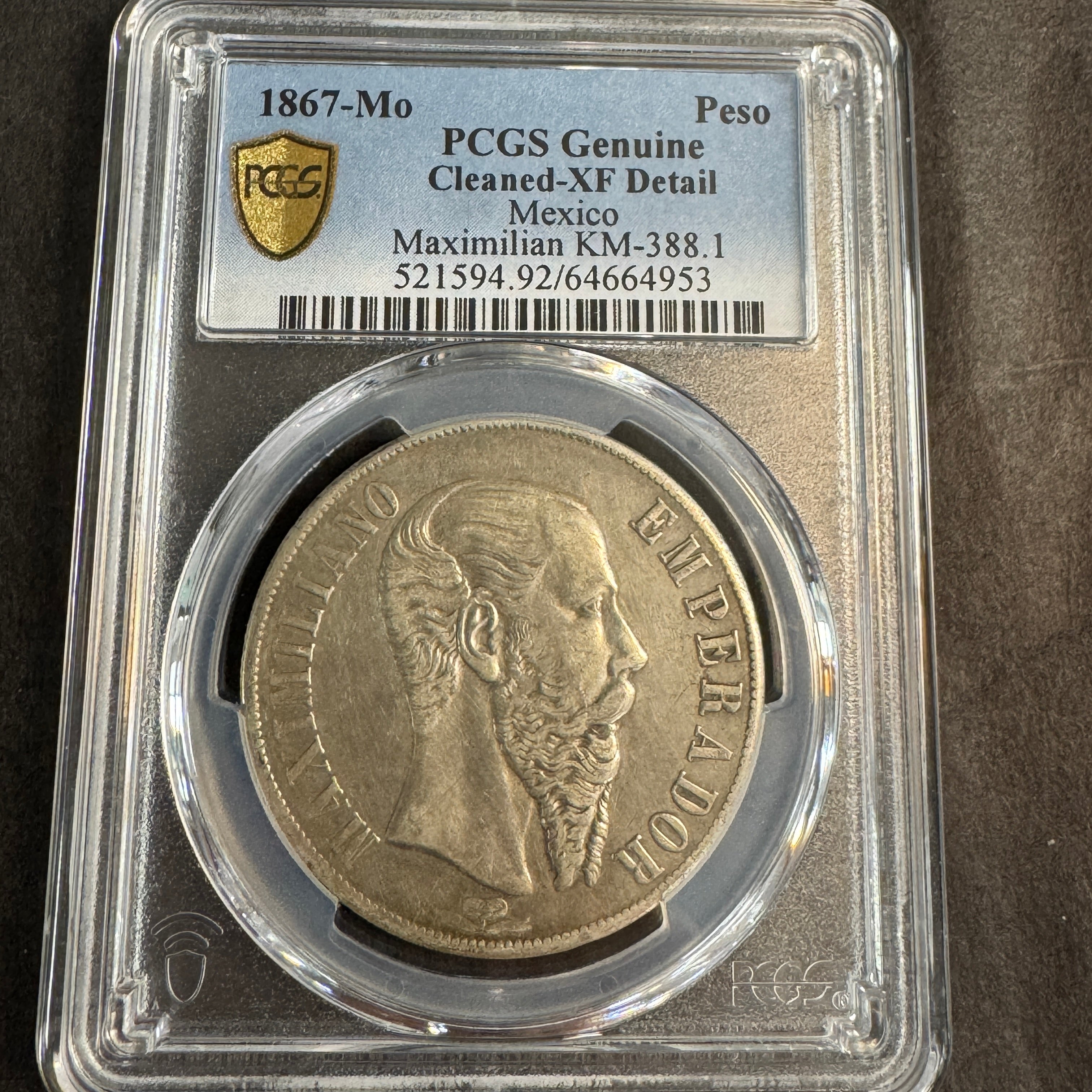 1867-Mo Empire of Maximilian Mexico AR 1 Peso, PCGS XF Detail