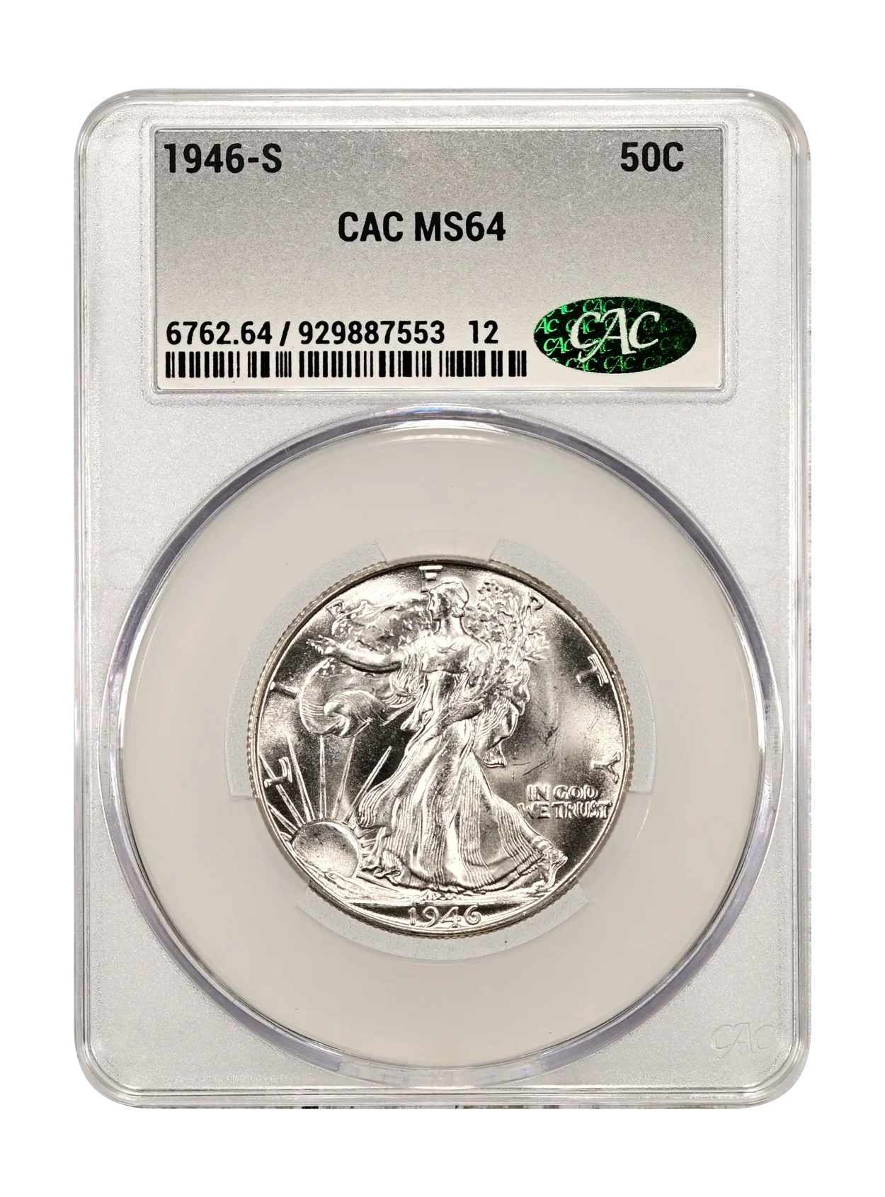 1946-S Walking Liberty US 50c Silver, CAC MS-64 (White!)