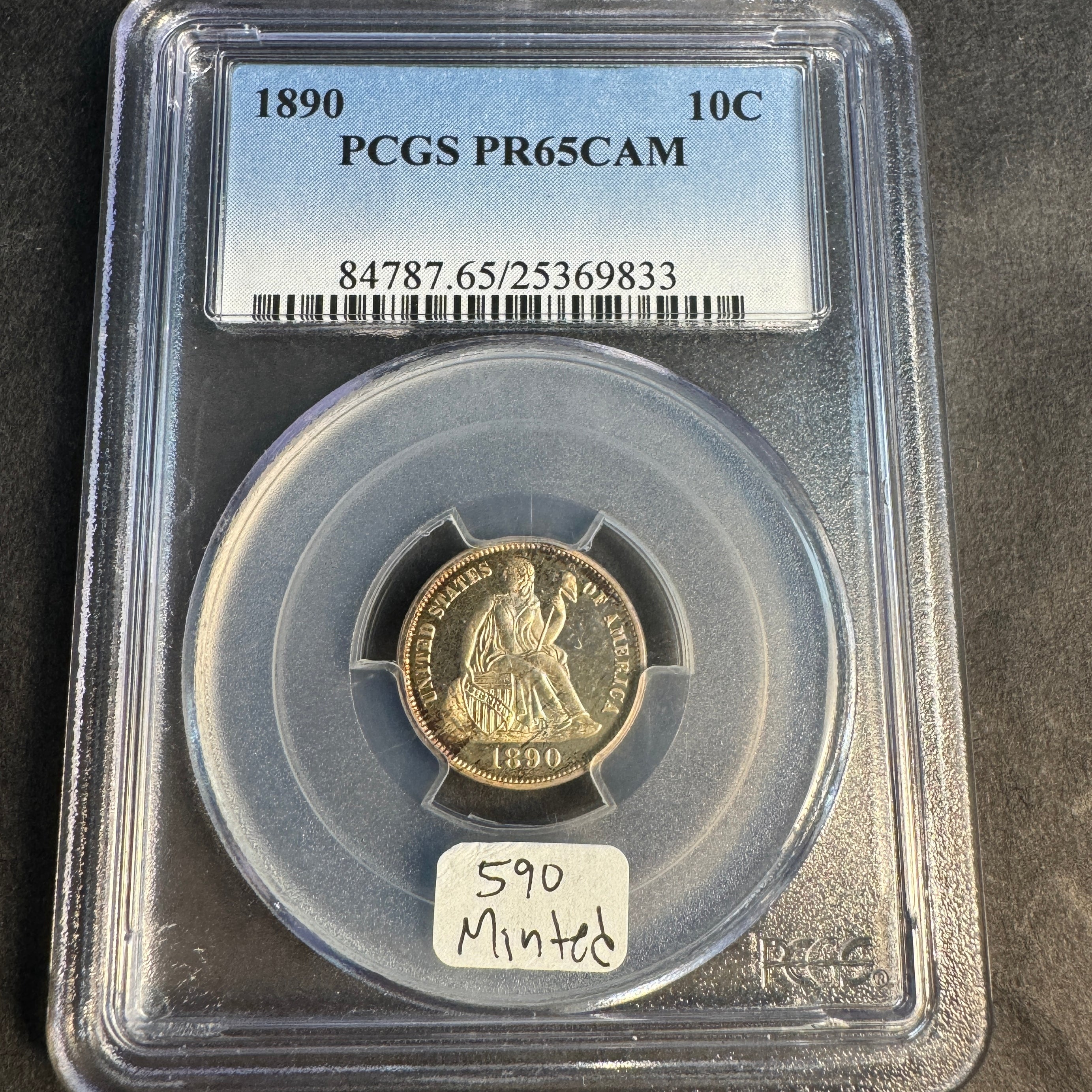 1890 Seated Liberty Dime US 10c Proof, 590 Mintage, PCGS PR-65 CAMEO