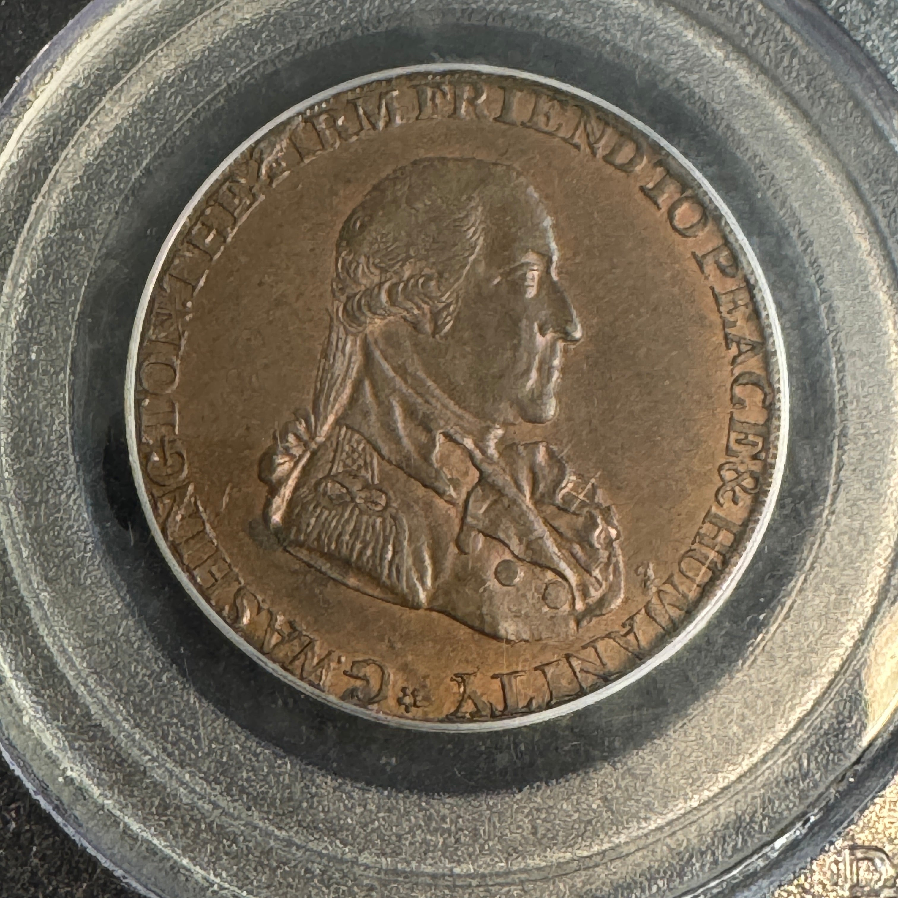 1795 George Washington “Grate” type London Conder 1/2 Penny, Lettered Edge, PCGS MS-64 BN