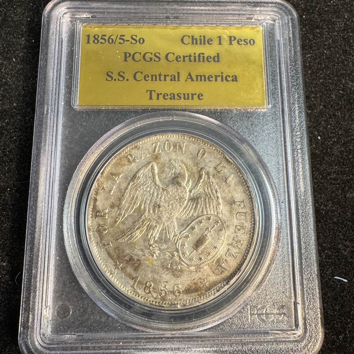 1856/5-So Chile AR 1 Peso, Rare, S.S. CENTRAL AMERICA Shipwreck Treasure - PCGS Certified