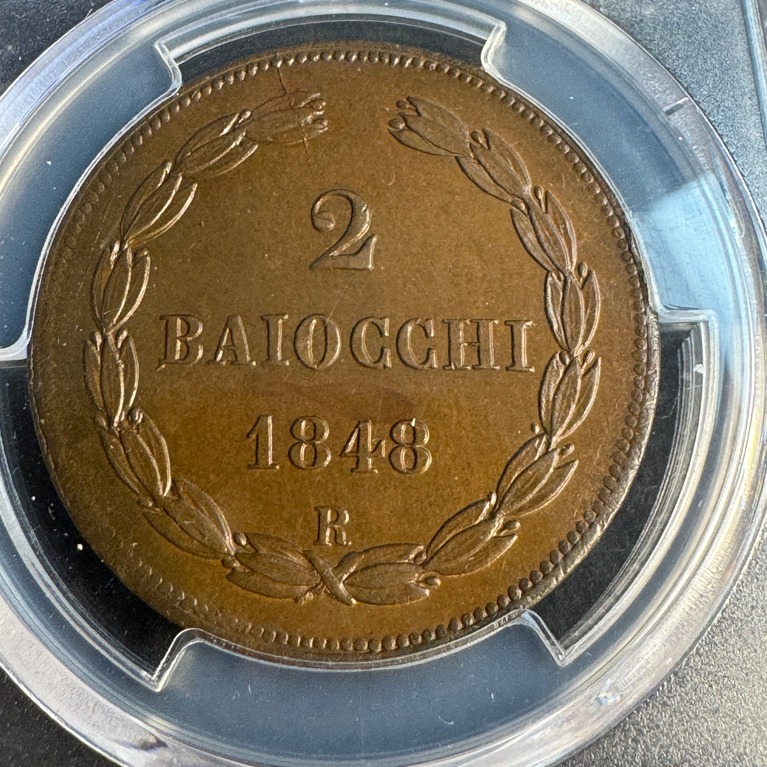 1848-R Papal States 2 Baiocchi AE, Pius IX Anno III, PCGS MS-64 BN🇻🇦Top Pop 1/0 🏆