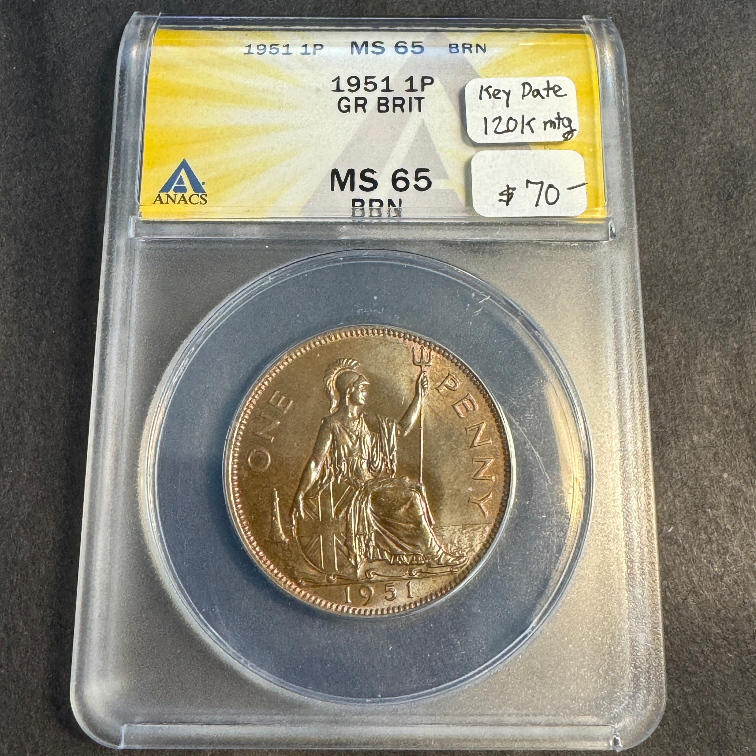 1951 Great Britain Penny, George VI, Semi-Key, ANACS MS-65 BRN 🇬🇧