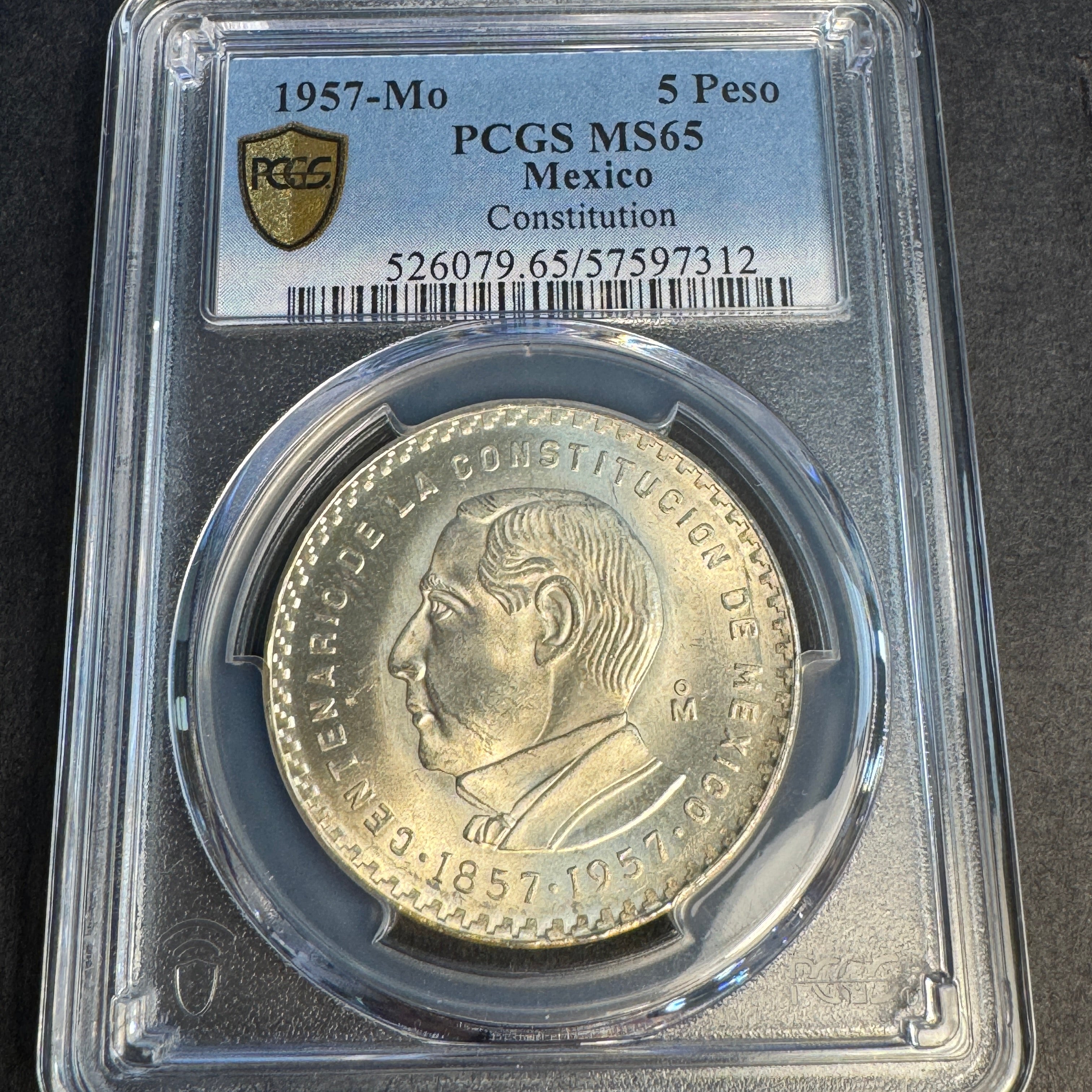 1957 Mo Mexico 5 Pesos AR, Constitution Centennial, PCGS MS-65 🇲🇽